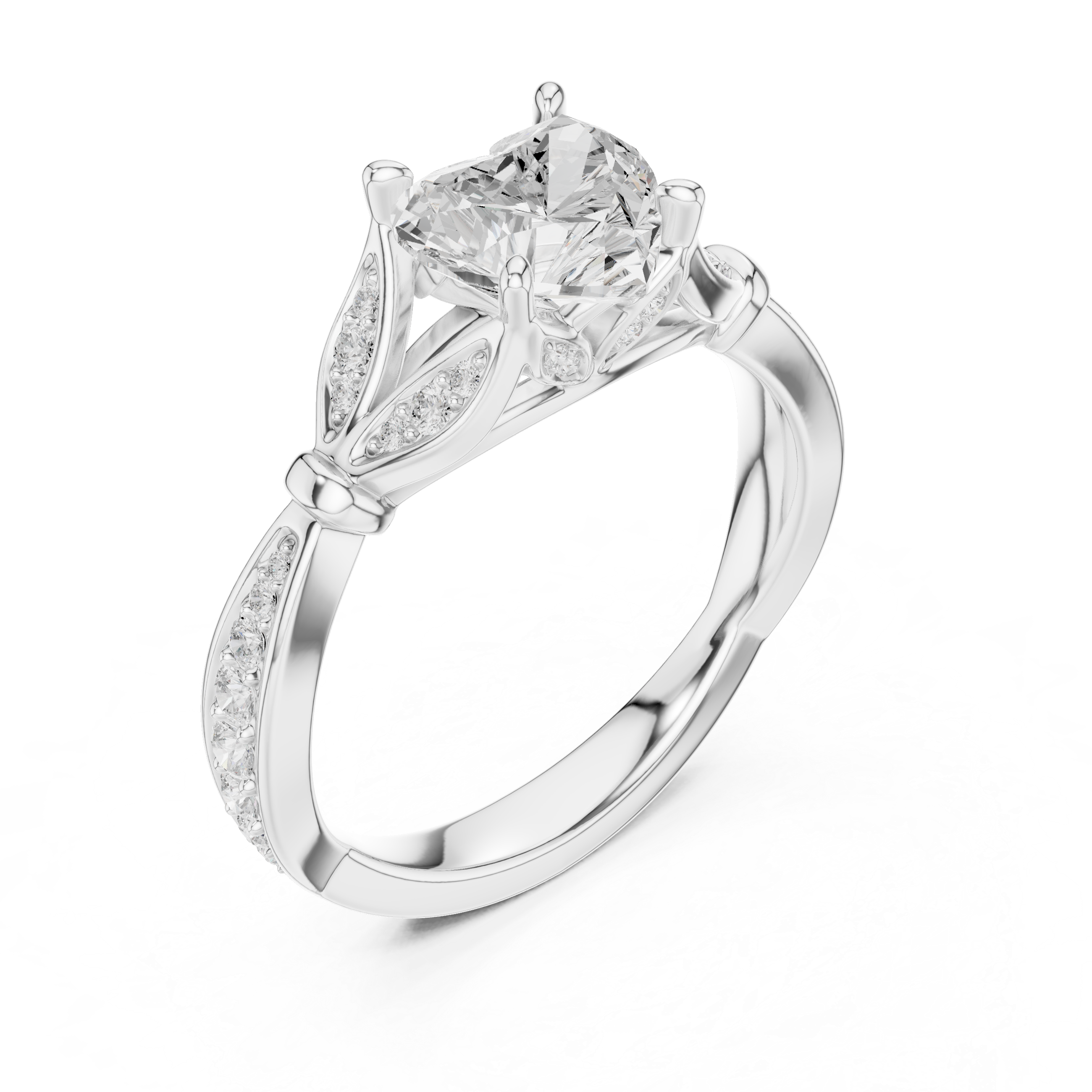 Heart Cut Vintage Inspired Engagement Ring with Leaf Motif Pavé Diamond Band