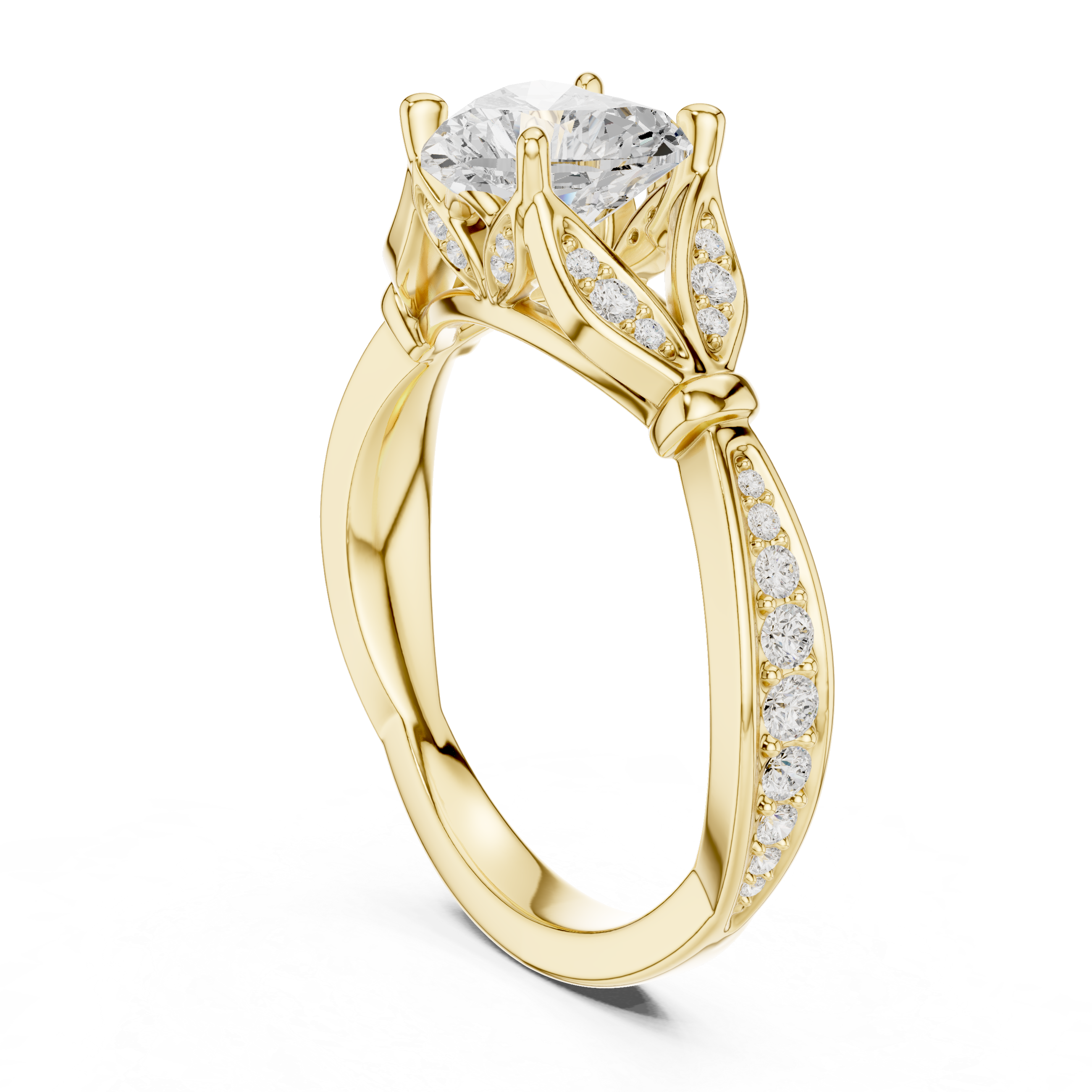 Heart Cut Vintage Inspired Engagement Ring with Leaf Motif Pavé Diamond Band