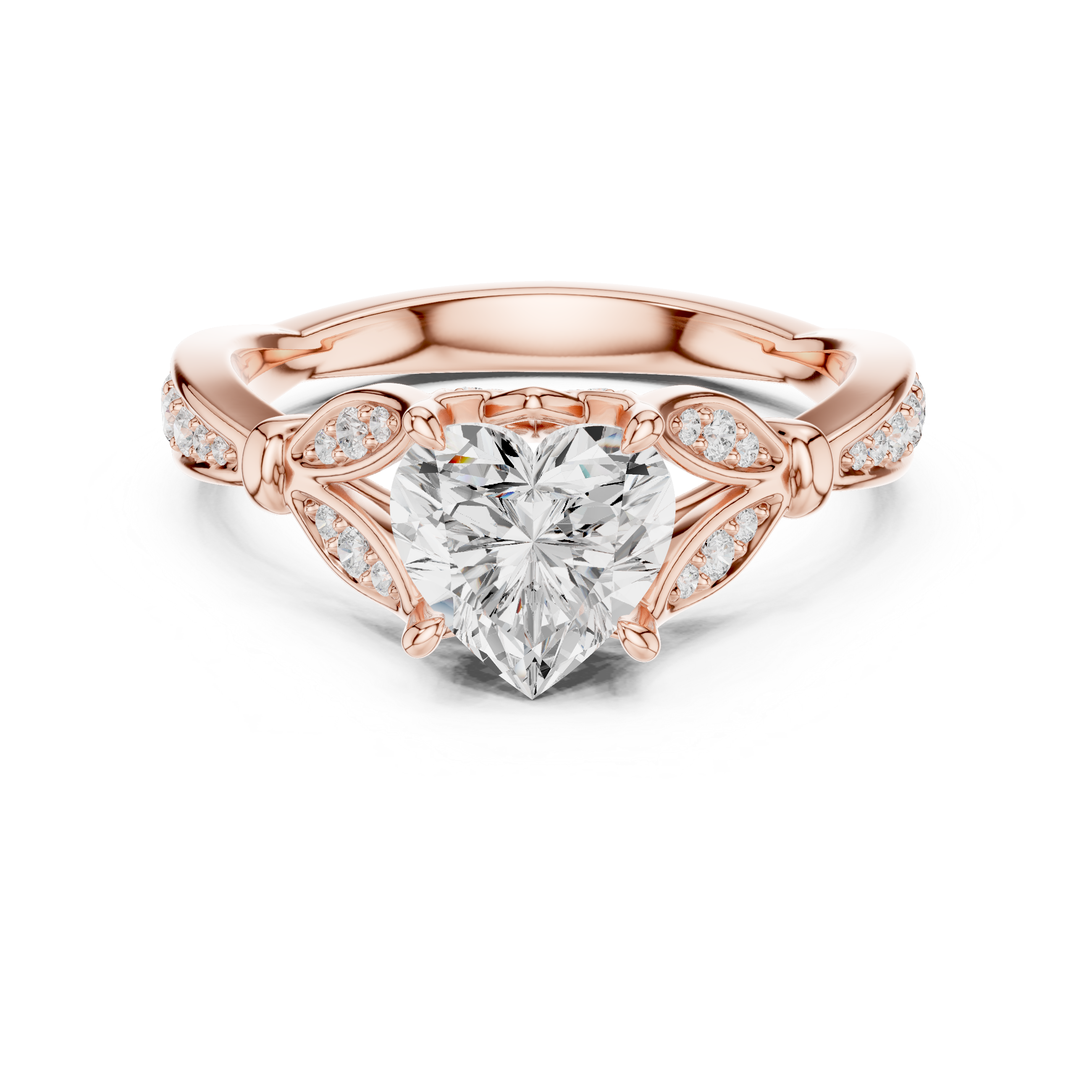 Heart Cut Vintage Inspired Engagement Ring with Leaf Motif Pavé Diamond Band