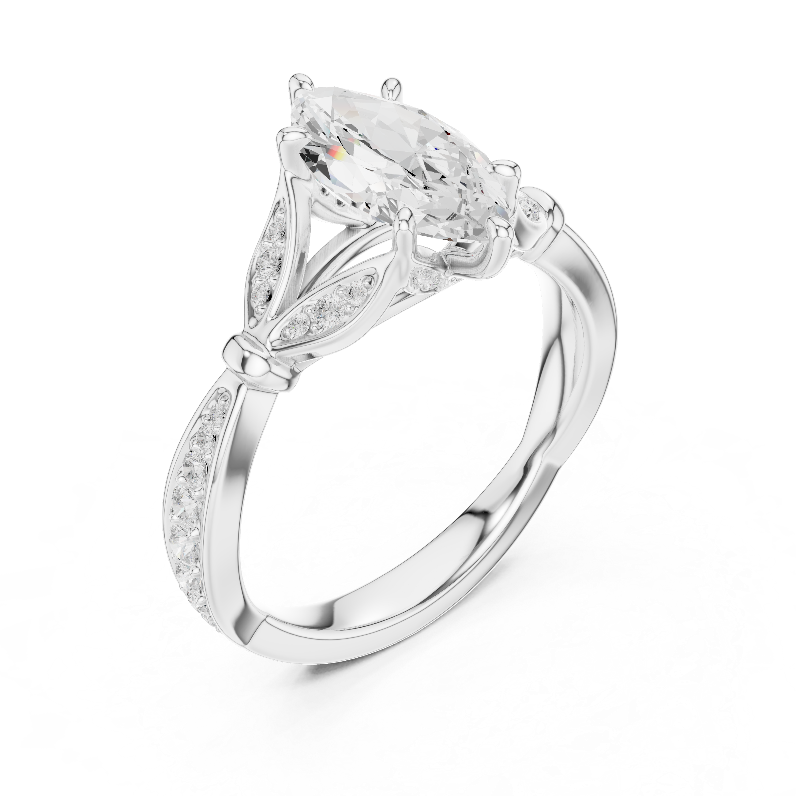 Marquise Cut Vintage Inspired Engagement Ring with Leaf Motif Pavé Diamond Band