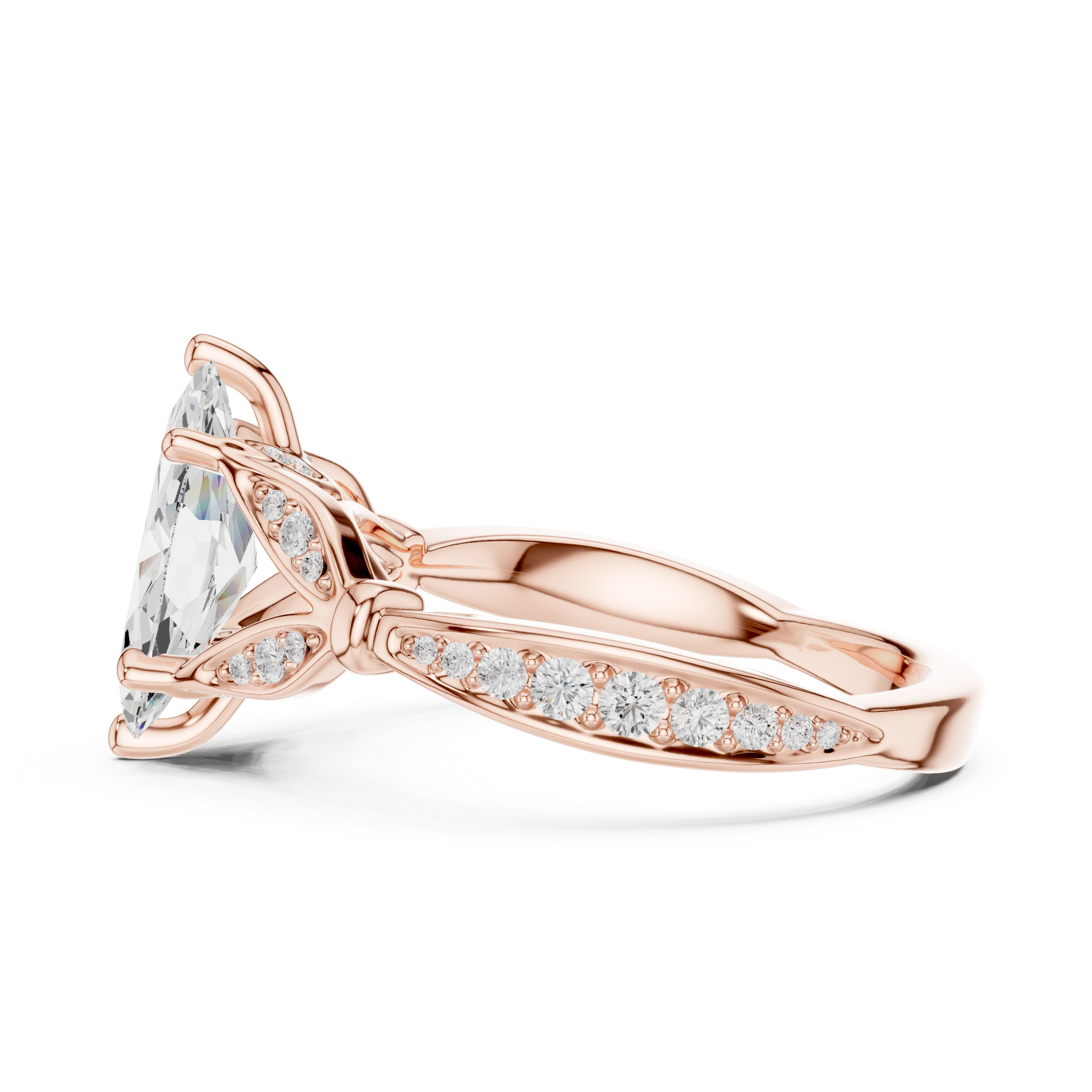 Marquise Cut Vintage Inspired Engagement Ring with Leaf Motif Pavé Diamond Band