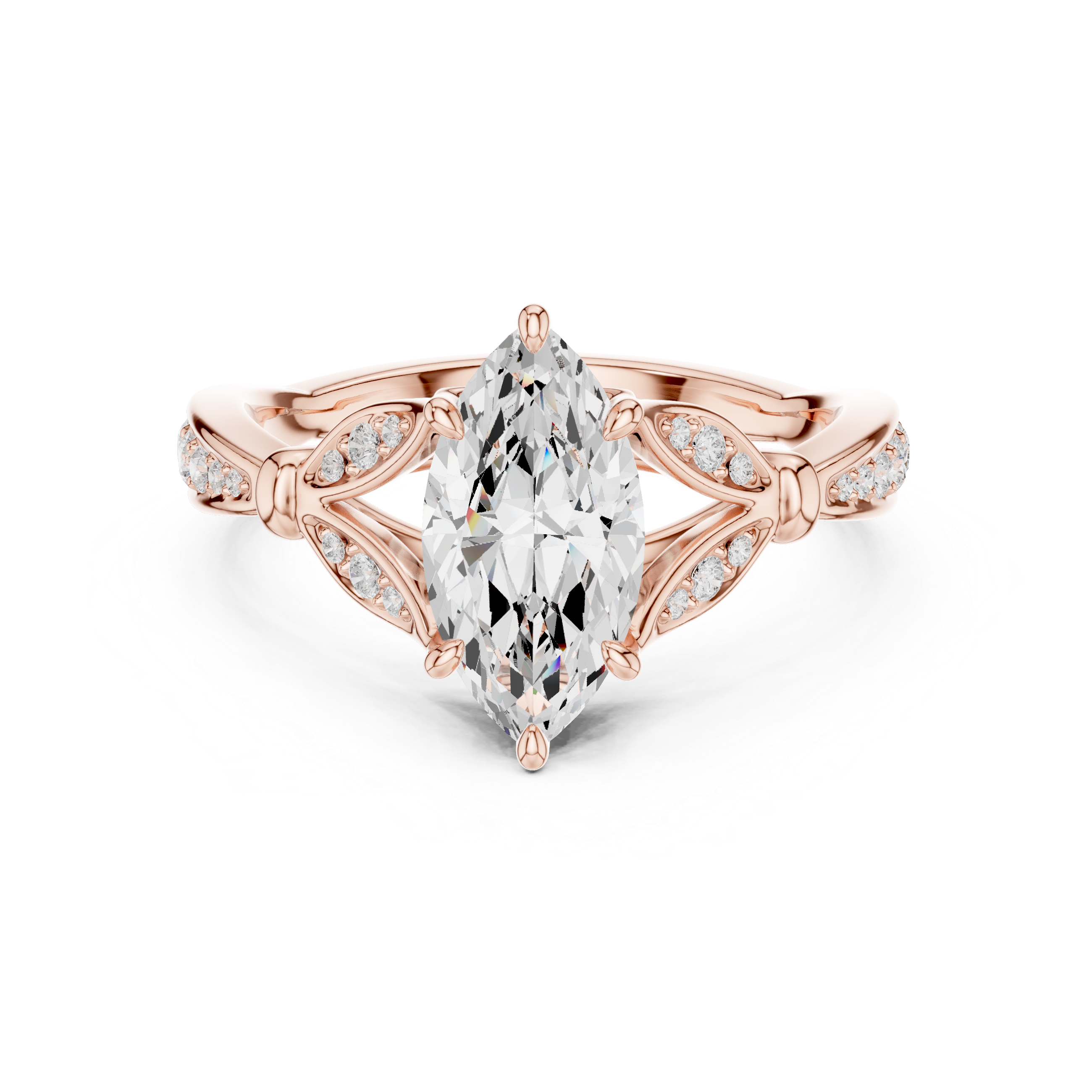 Marquise Cut Vintage Inspired Engagement Ring with Leaf Motif Pavé Diamond Band