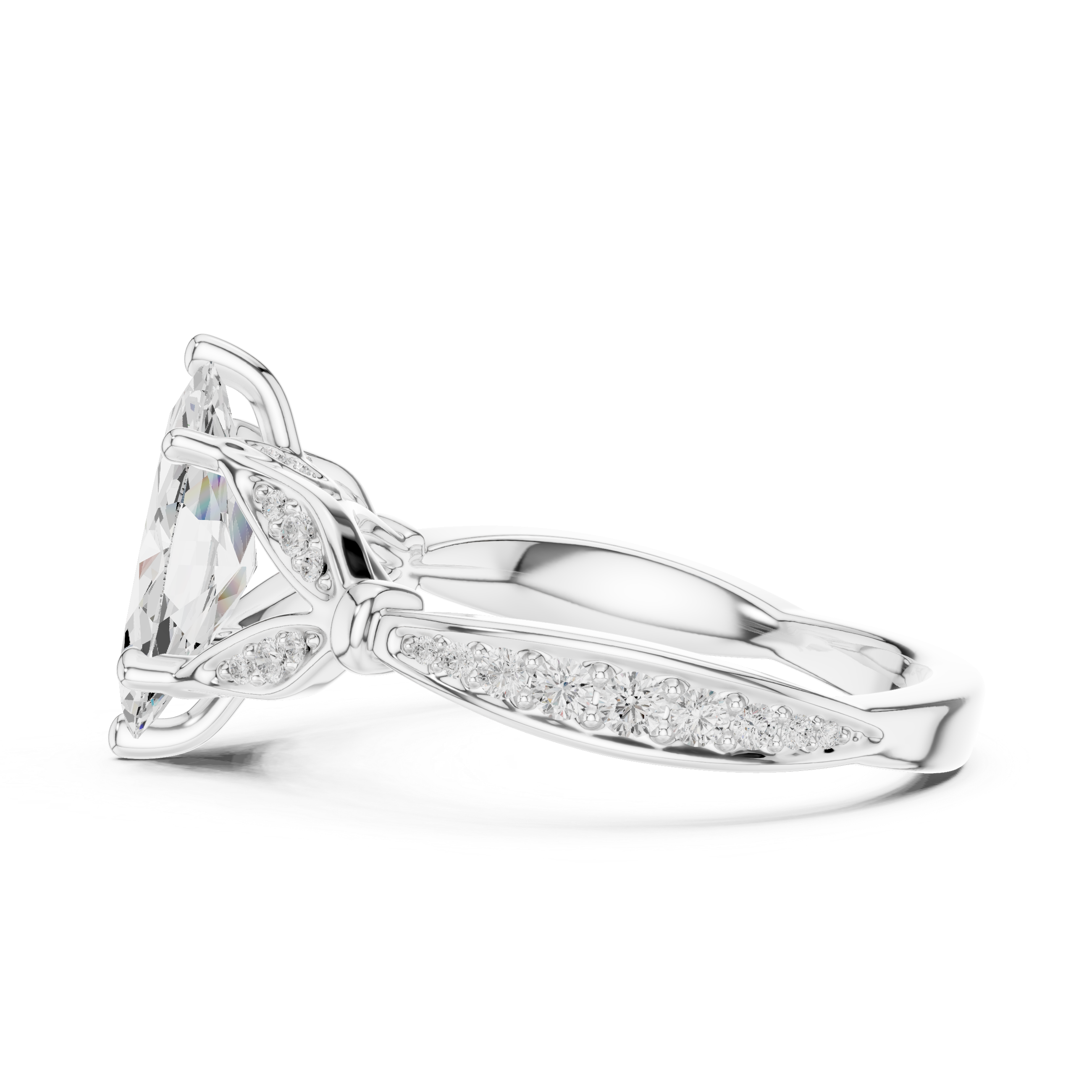 Marquise Cut Vintage Inspired Engagement Ring with Leaf Motif Pavé Diamond Band