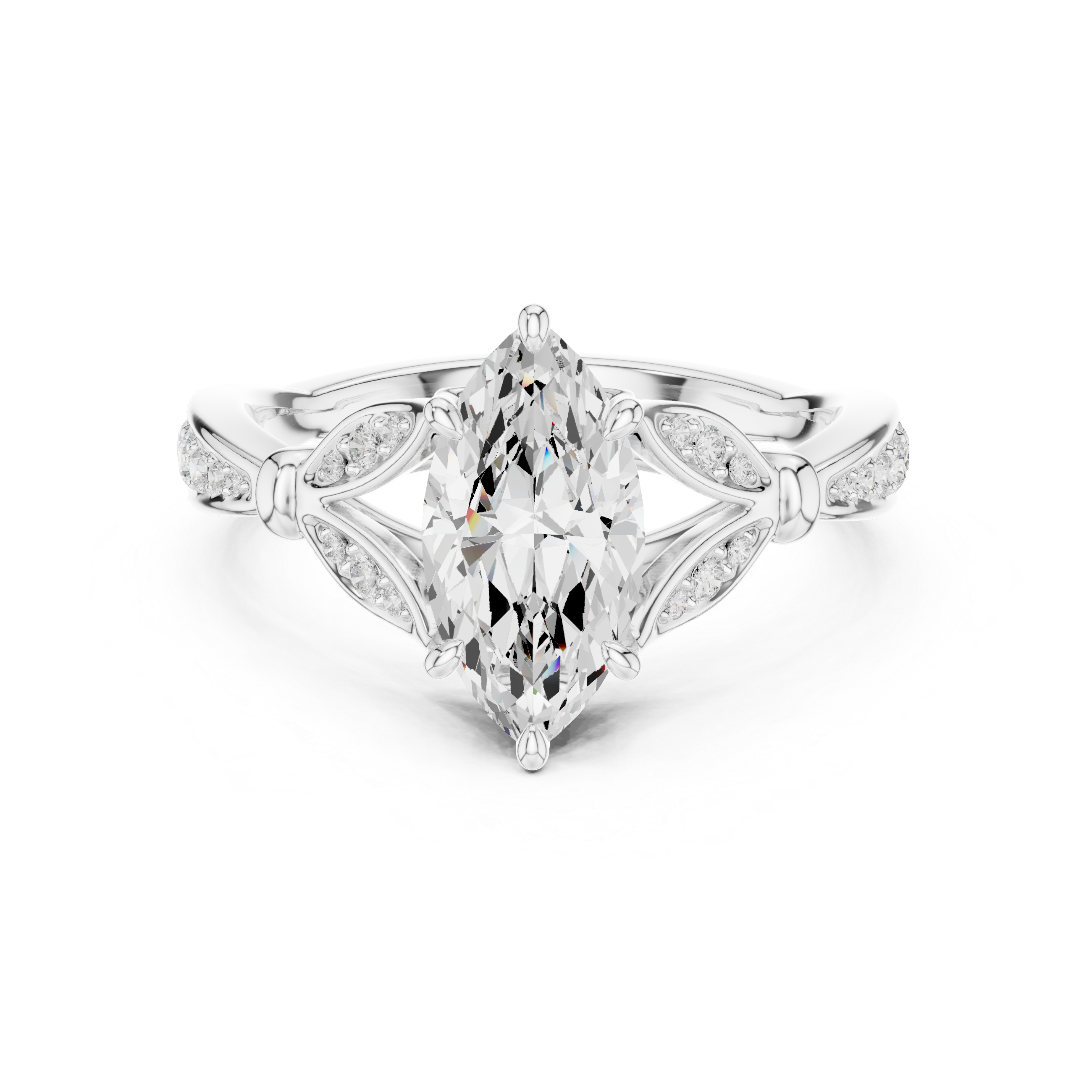 Marquise Cut Vintage Inspired Engagement Ring with Leaf Motif Pavé Diamond Band