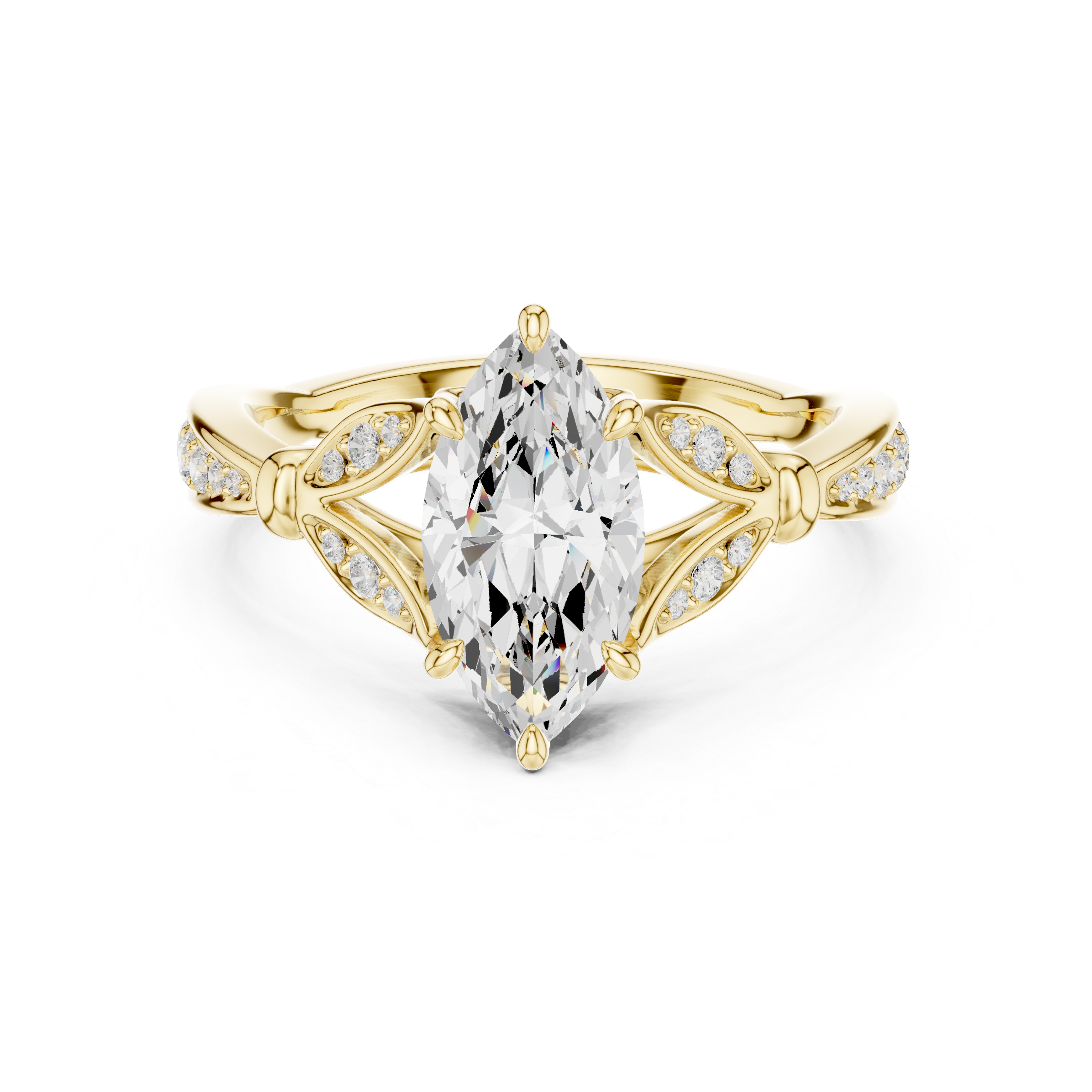 Marquise Cut Vintage Inspired Engagement Ring with Leaf Motif Pavé Diamond Band
