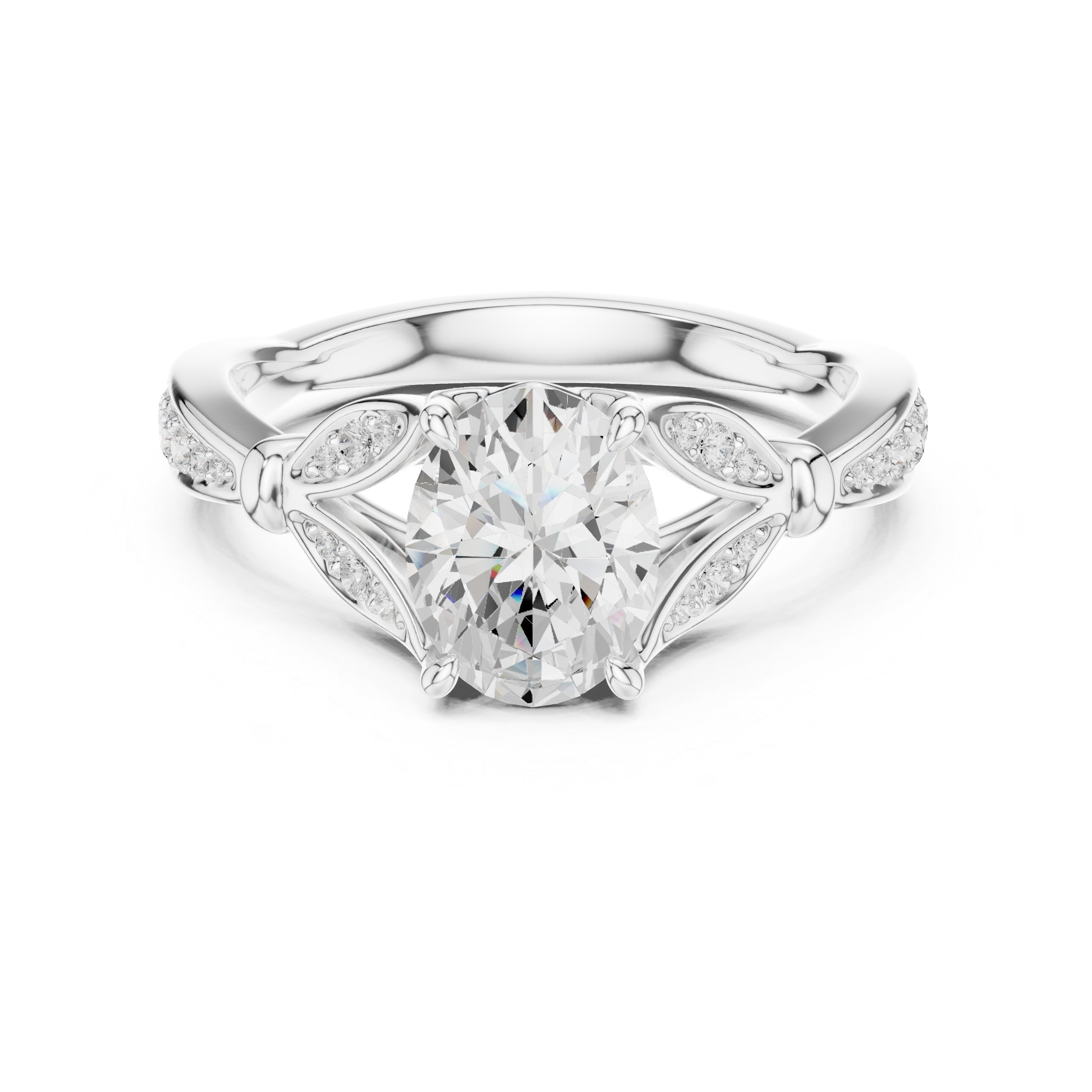 Oval Cut Vintage Inspired Engagement Ring with Leaf Motif Diamond Accents