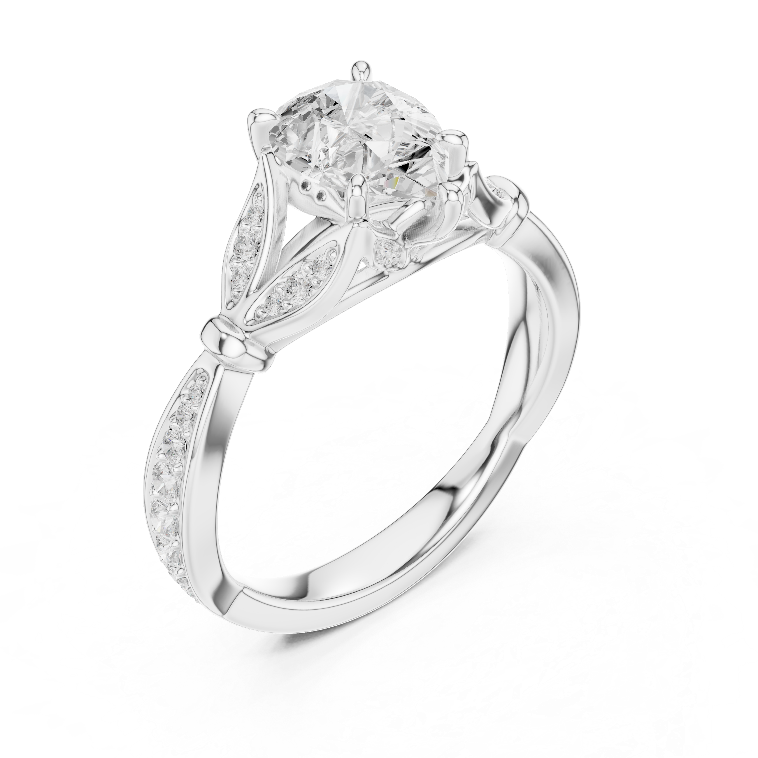 Pear Cut Vintage Inspired Engagement Ring with Leaf Motif Diamond Band