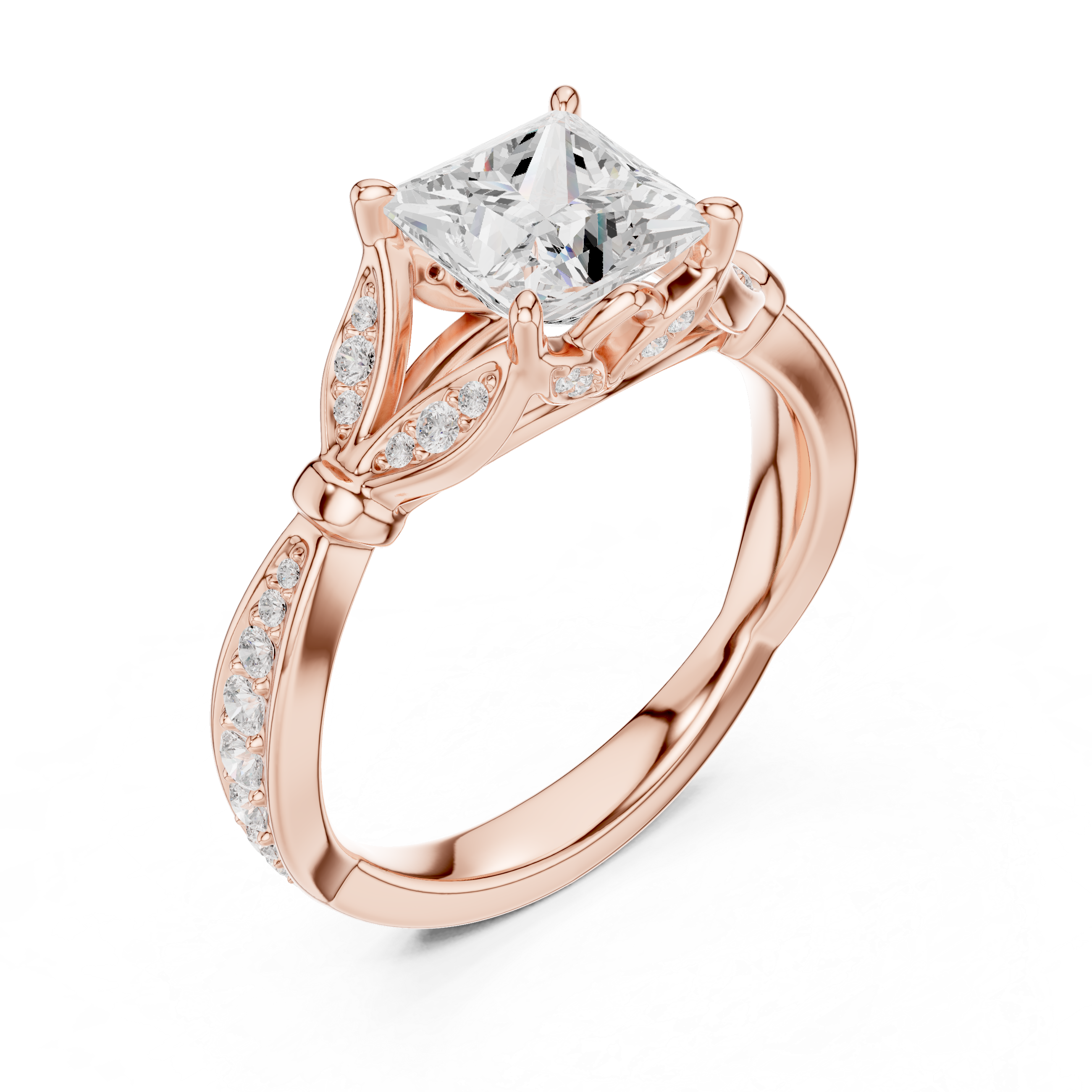Princess Cut Vintage Inspired Engagement Ring with Leaf Motif Diamond Accents
