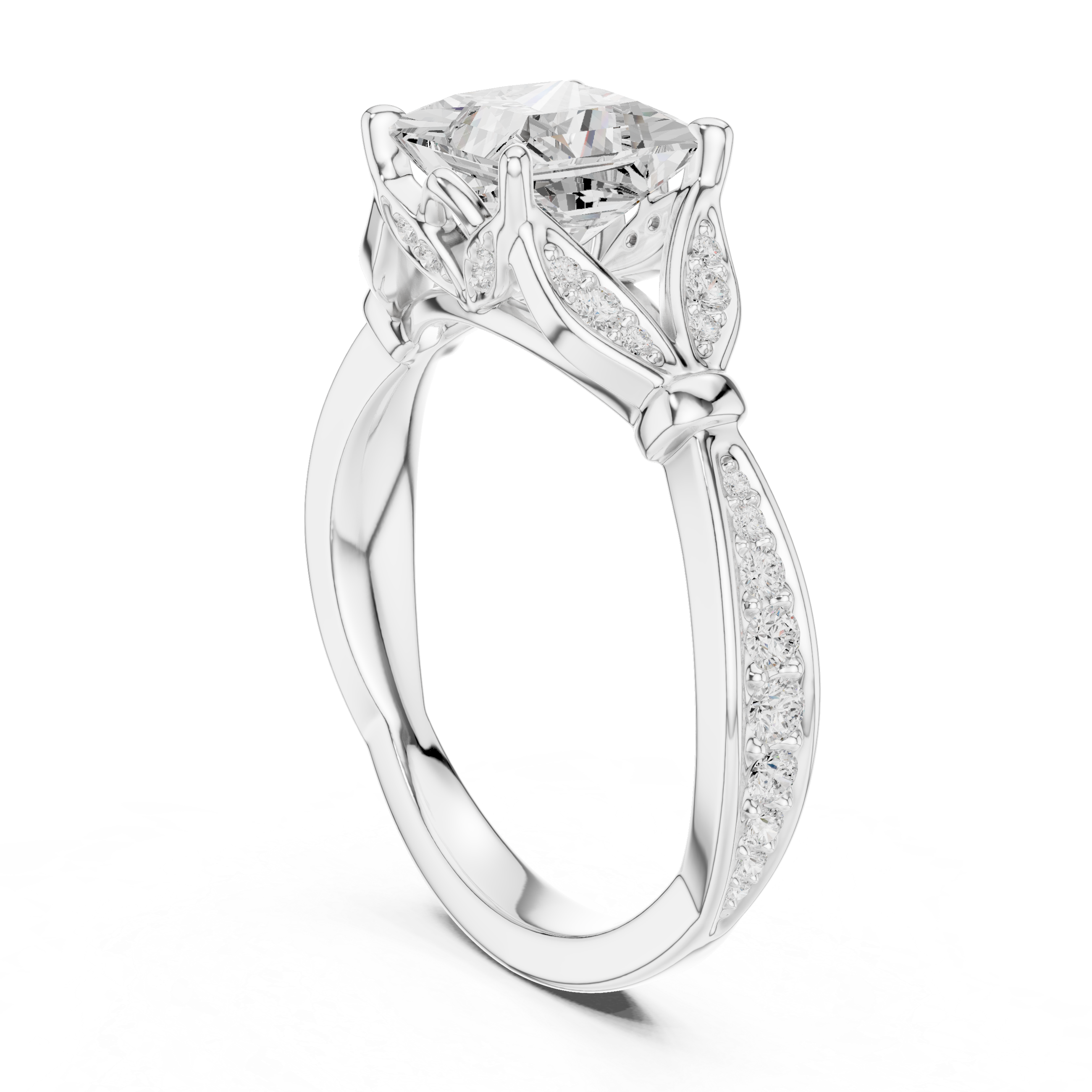 Princess Cut Vintage Inspired Engagement Ring with Leaf Motif Diamond Accents