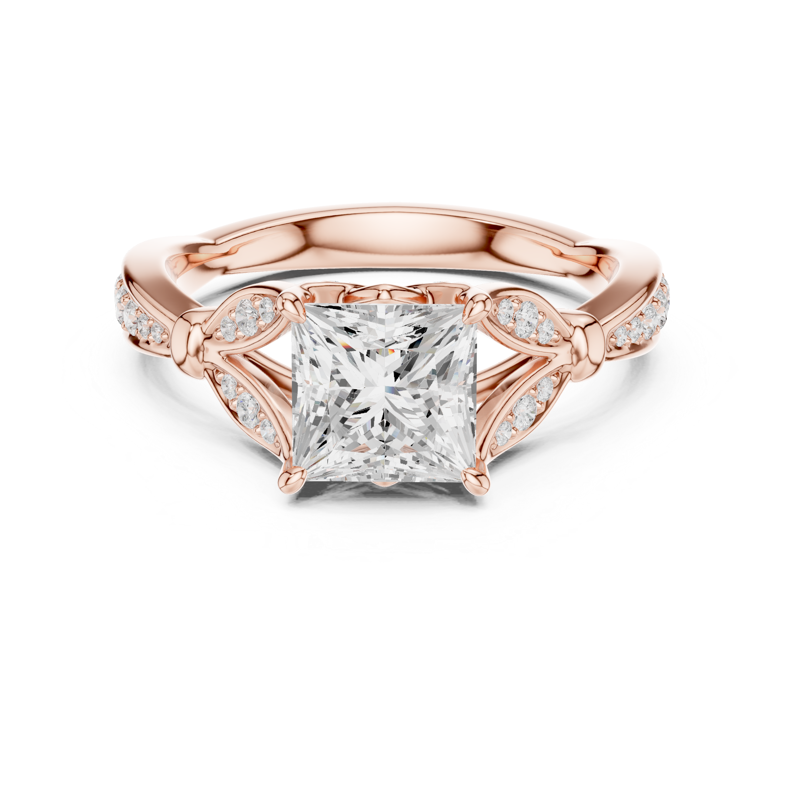 Princess Cut Vintage Inspired Engagement Ring with Leaf Motif Diamond Accents