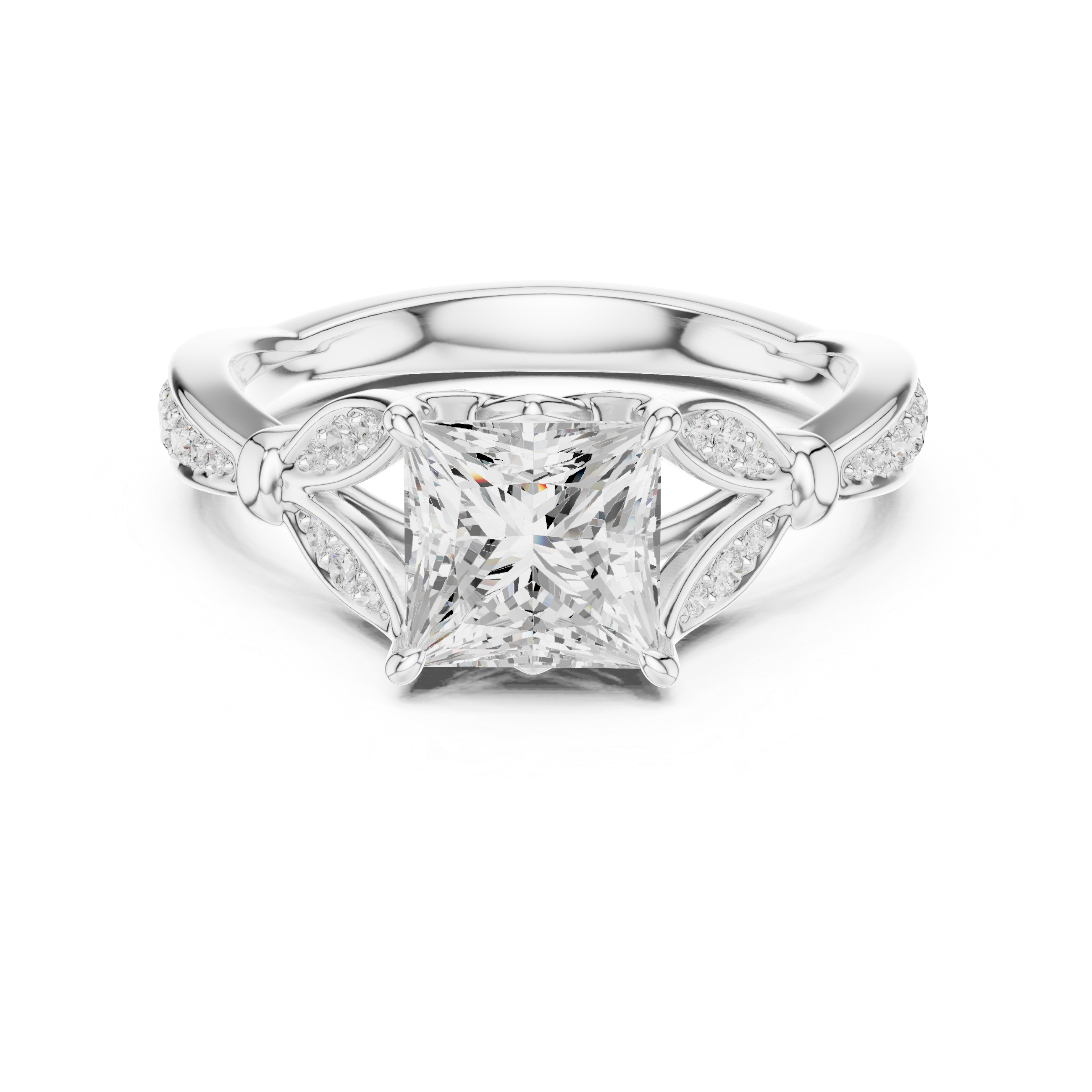 Princess Cut Vintage Inspired Engagement Ring with Leaf Motif Diamond Accents