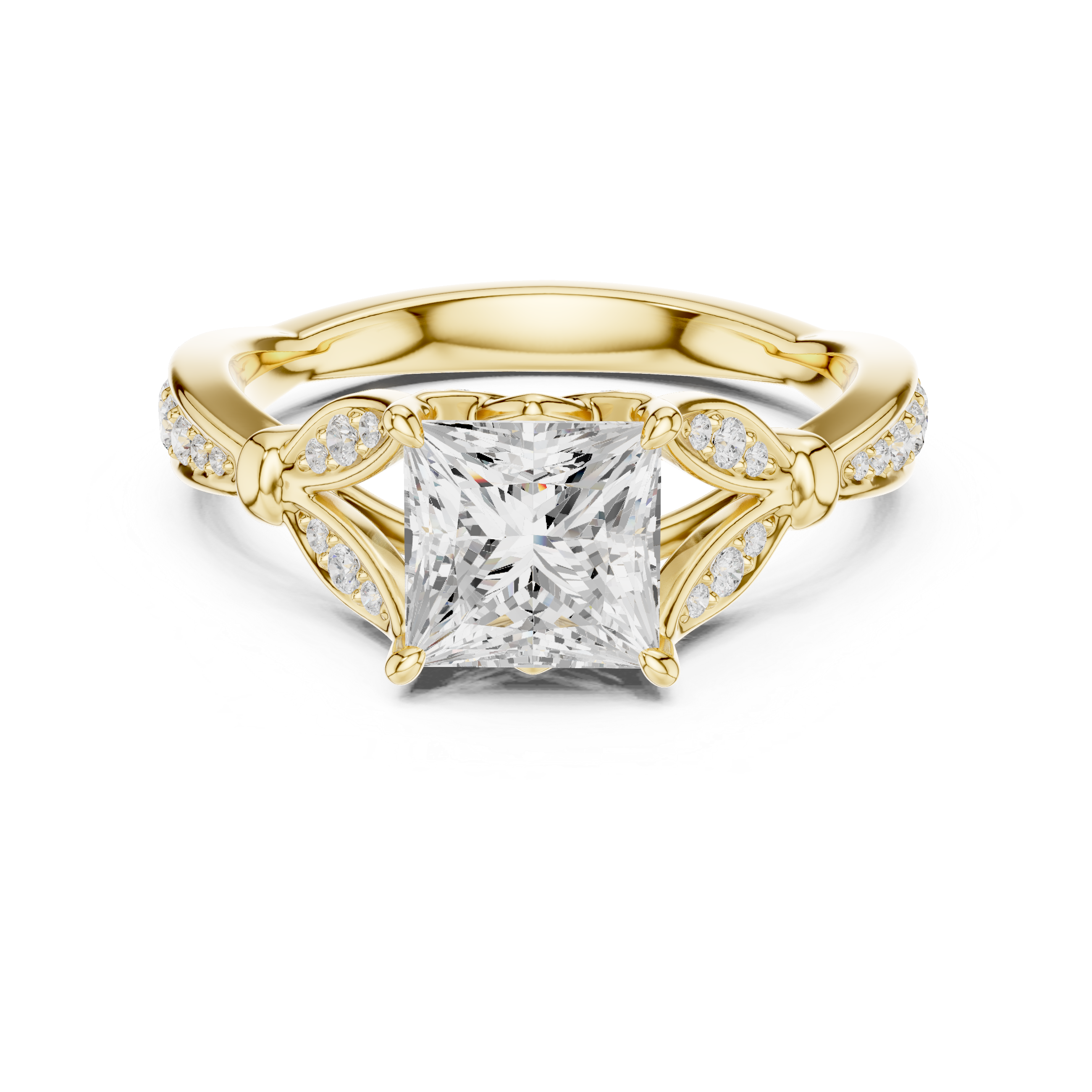 Princess Cut Vintage Inspired Engagement Ring with Leaf Motif Diamond Accents