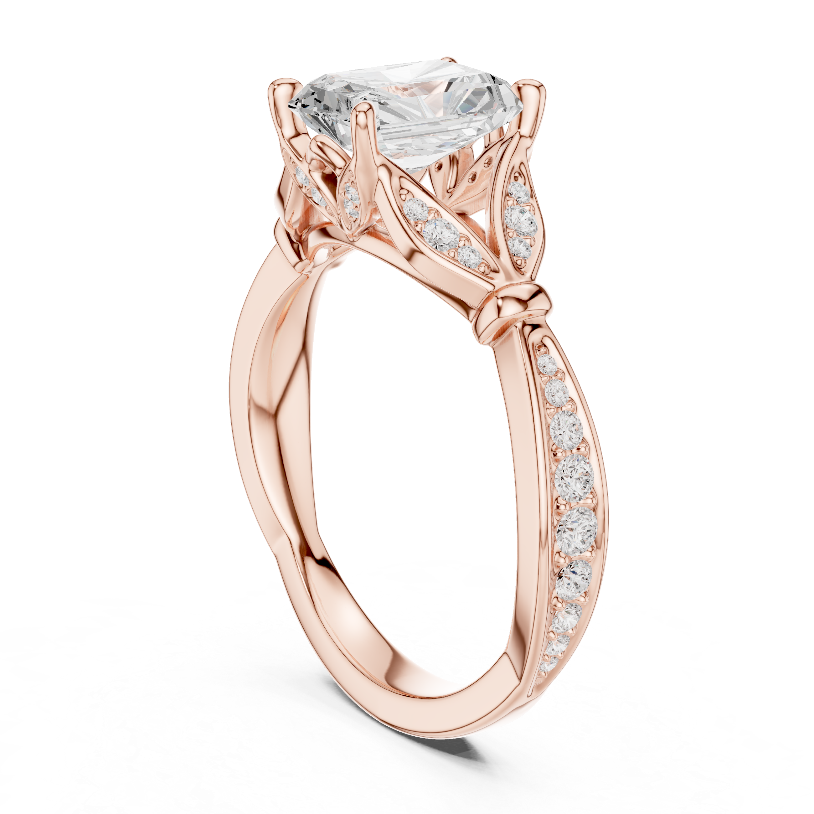 Radiant Cut Vintage Inspired Engagement Ring with Leaf Motif Pavé Diamond Band