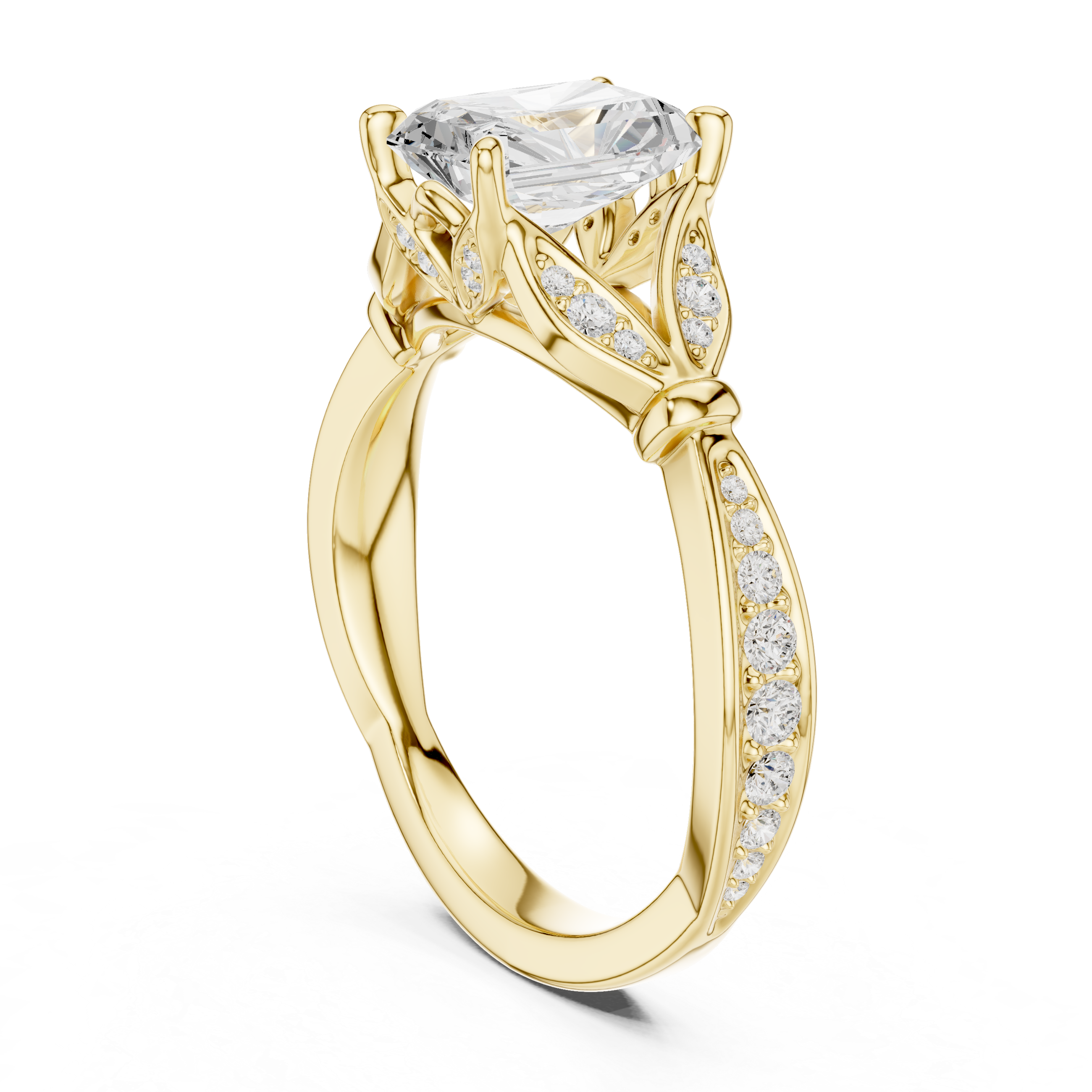 Radiant Cut Vintage Inspired Engagement Ring with Leaf Motif Pavé Diamond Band