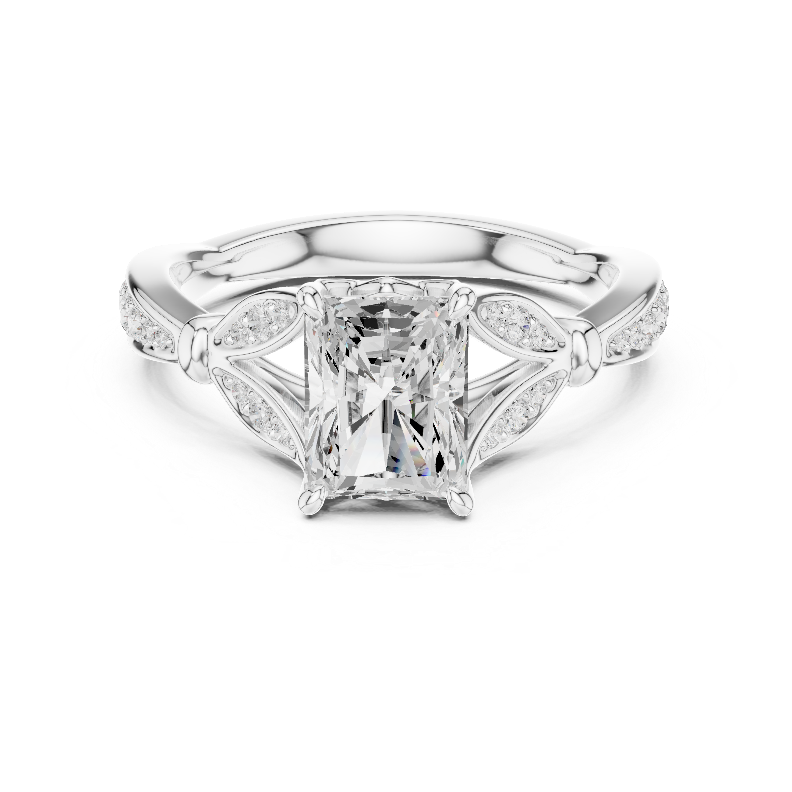 Radiant Cut Vintage Inspired Engagement Ring with Leaf Motif Pavé Diamond Band