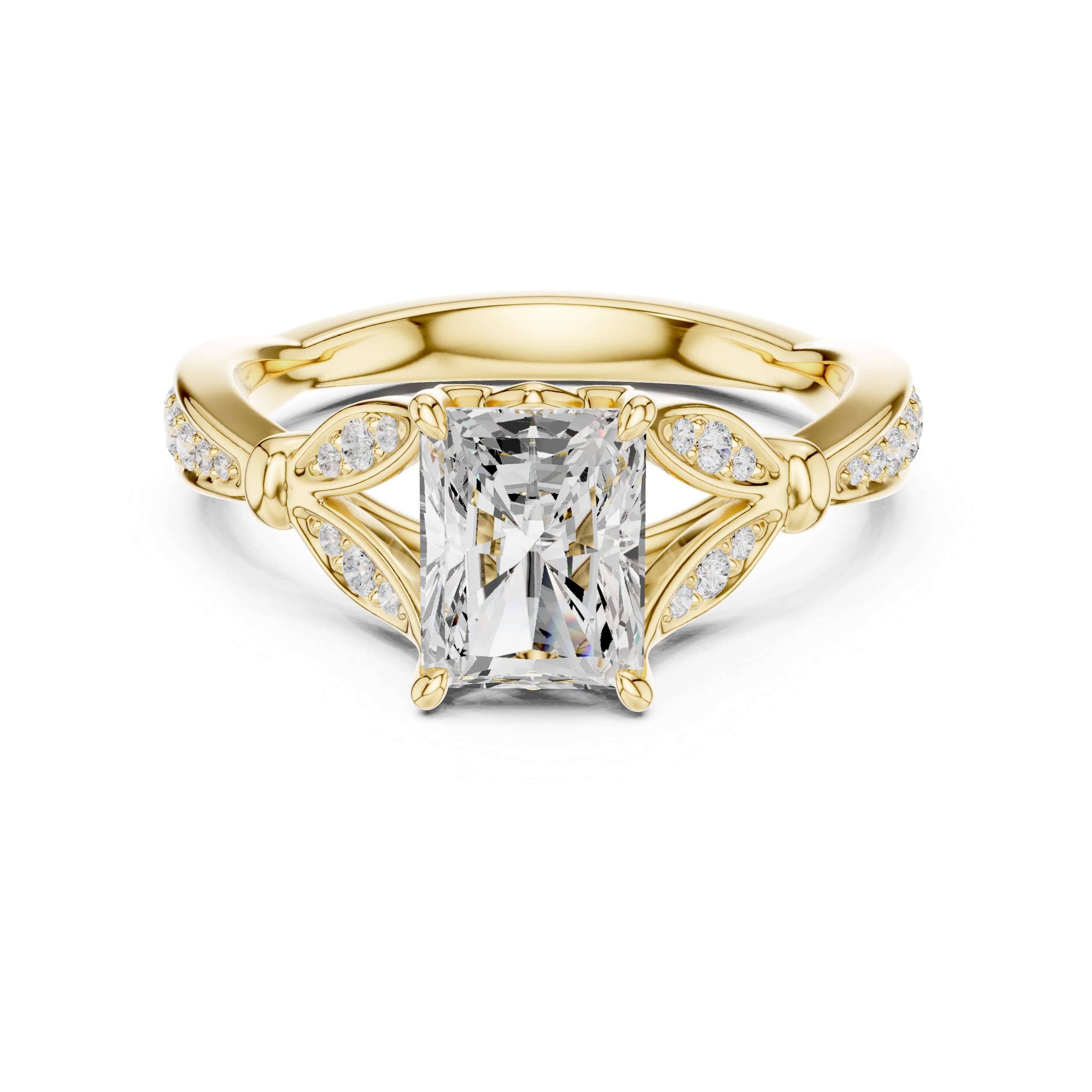 Radiant Cut Vintage Inspired Engagement Ring with Leaf Motif Pavé Diamond Band