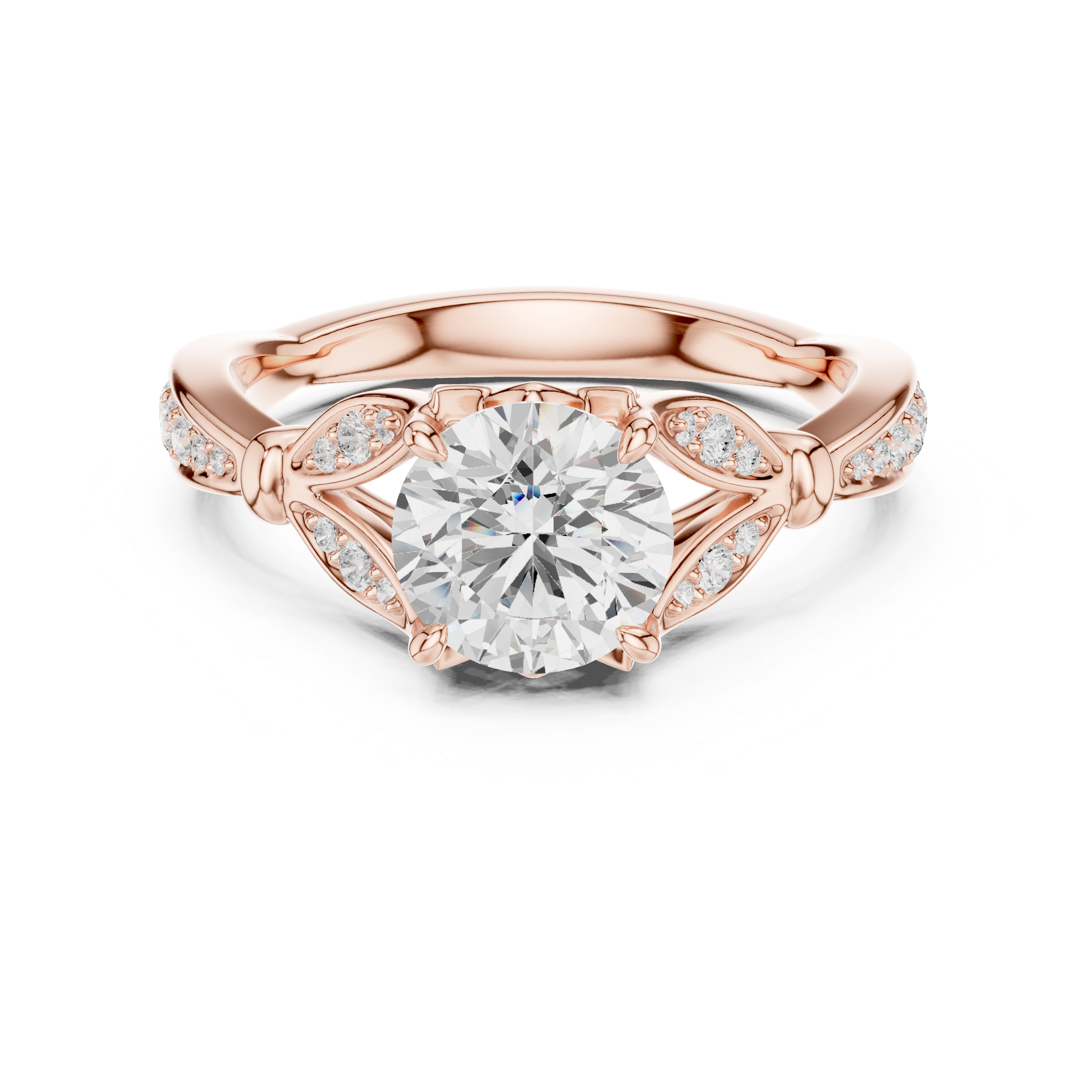 Round Cut Vintage Inspired Engagement Ring with Leaf Detail Pavé Diamond Setting