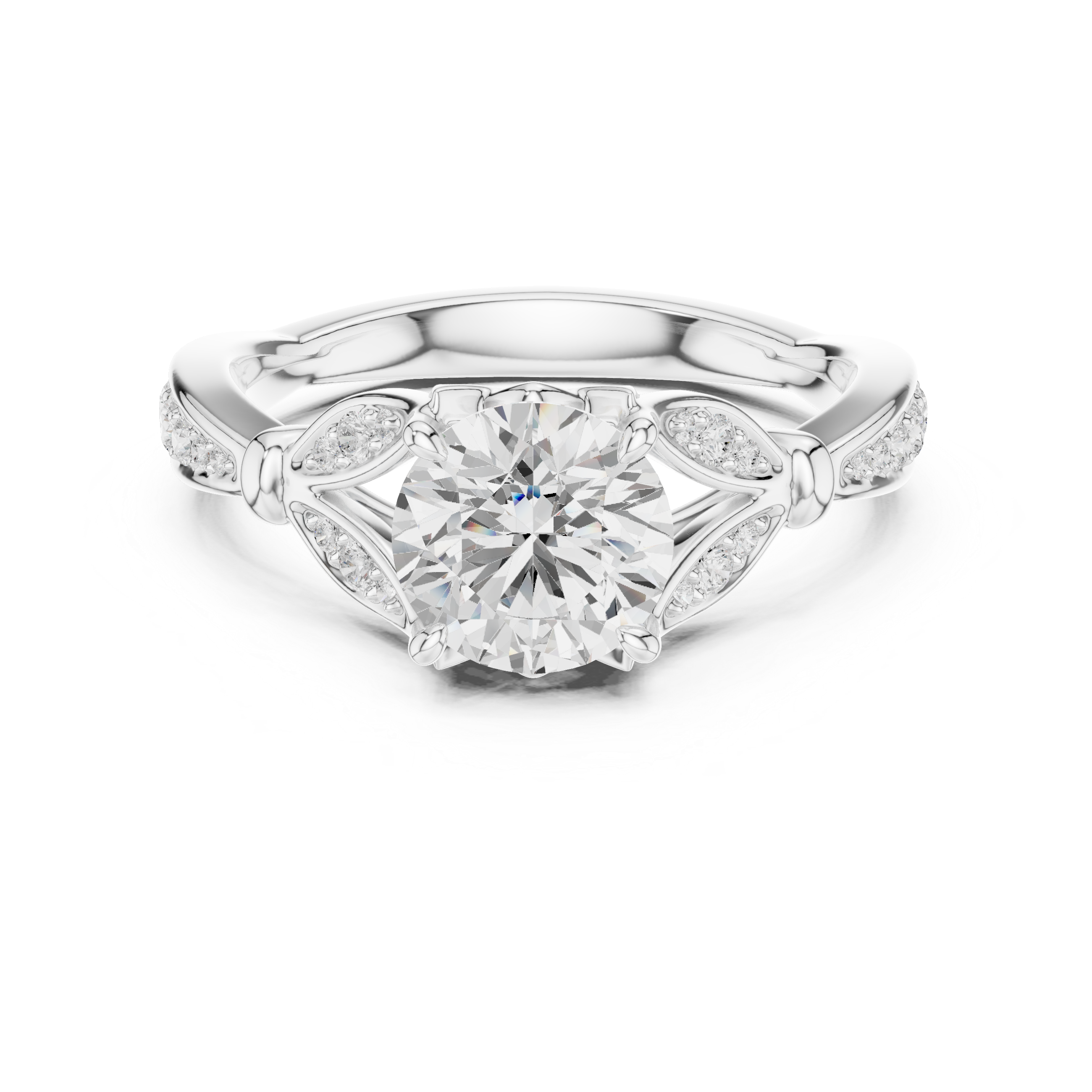 Round Cut Vintage Inspired Engagement Ring with Leaf Detail Pavé Diamond Setting