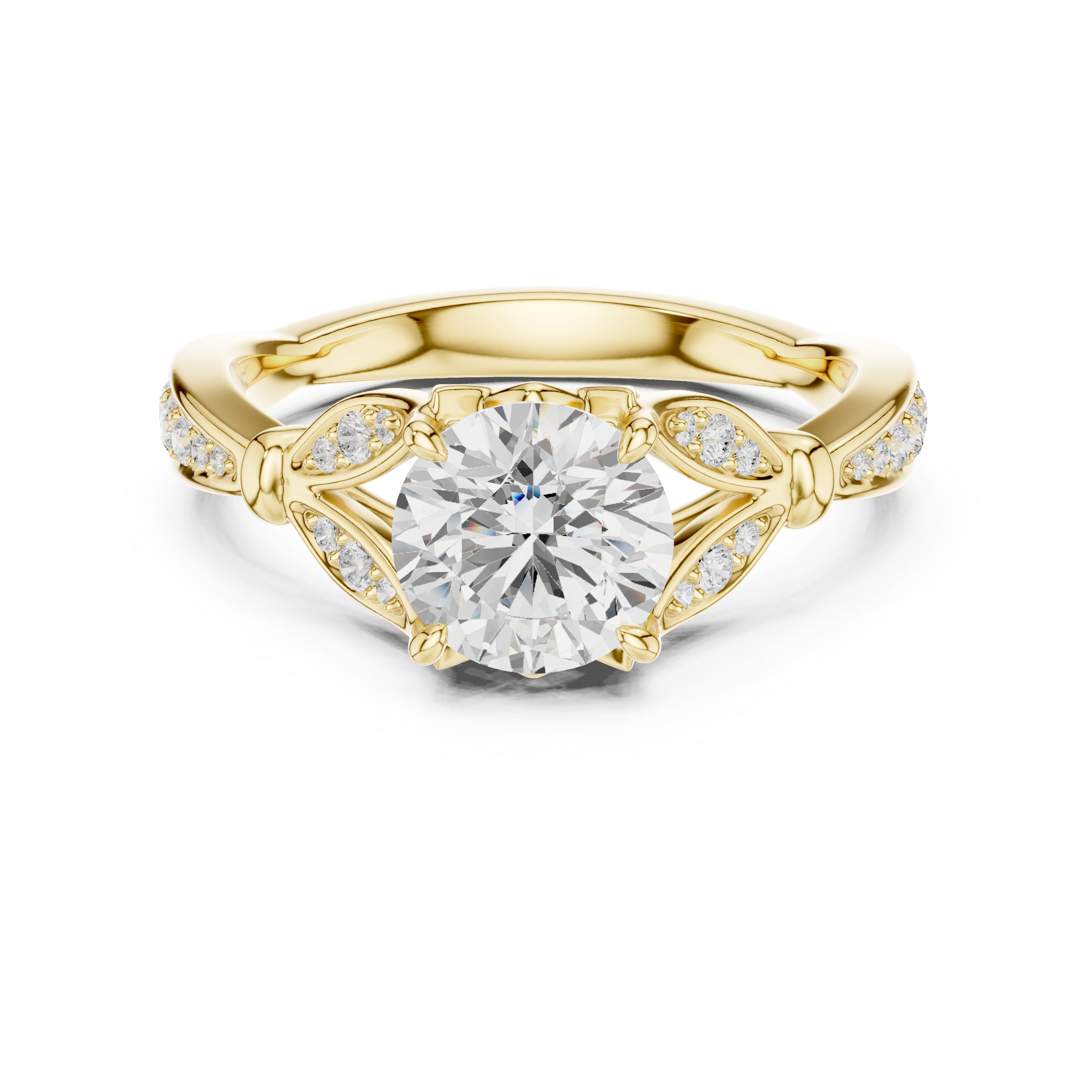 Round Cut Vintage Inspired Engagement Ring with Leaf Detail Pavé Diamond Setting
