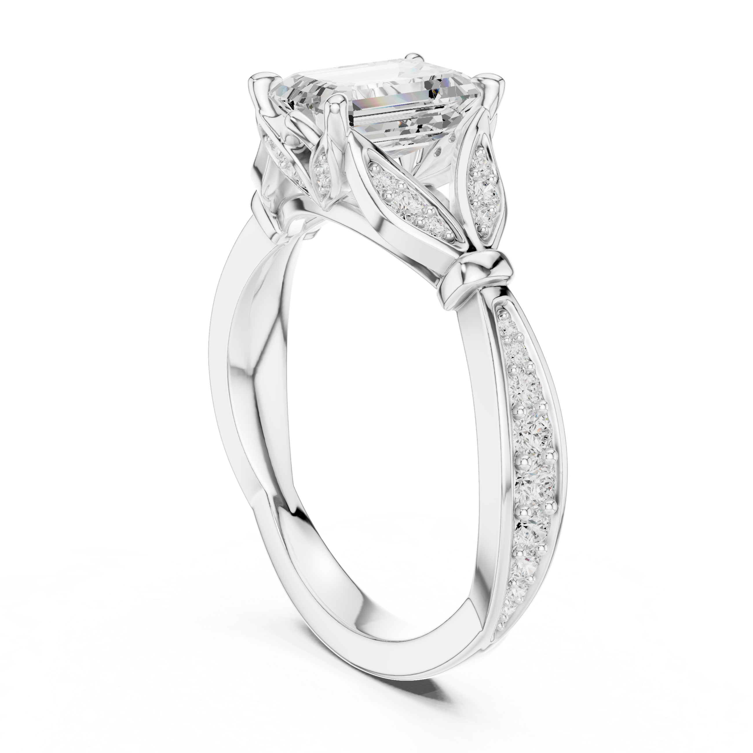 Emerald-Cut Botanical Leaf Pavé Engagement Ring with Openwork Split Shank