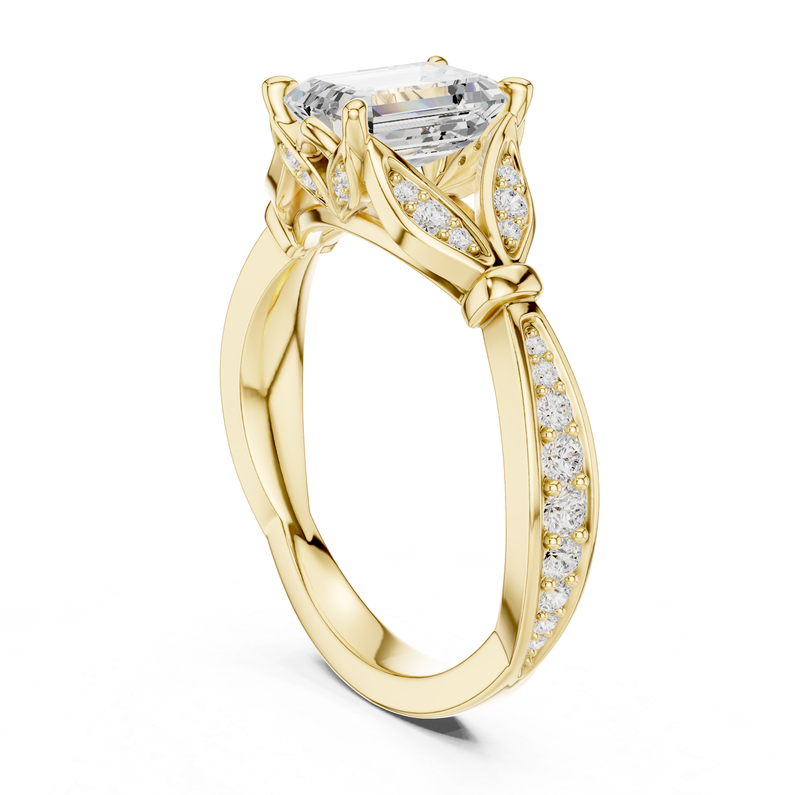 Emerald-Cut Botanical Leaf Pavé Engagement Ring with Openwork Split Shank