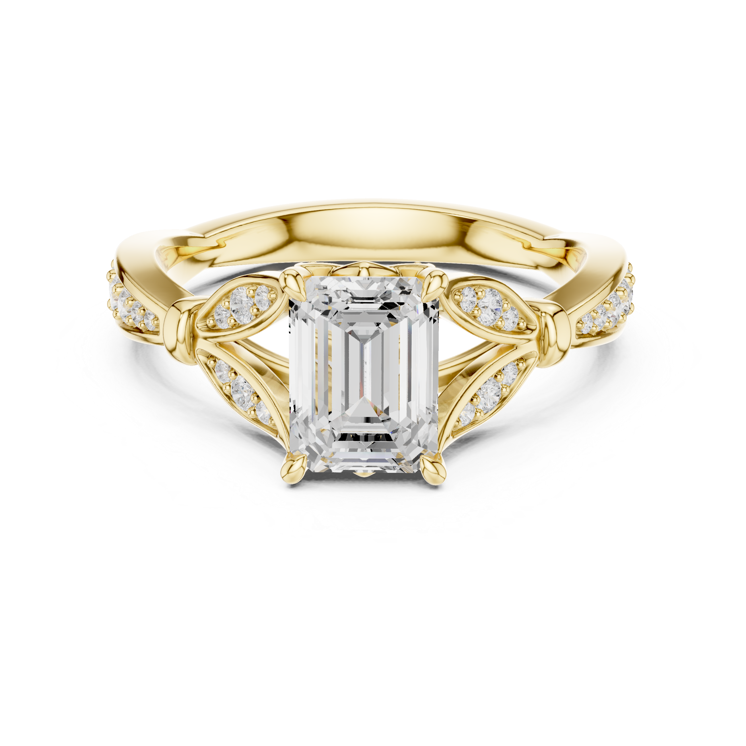 Emerald-Cut Botanical Leaf Pavé Engagement Ring with Openwork Split Shank