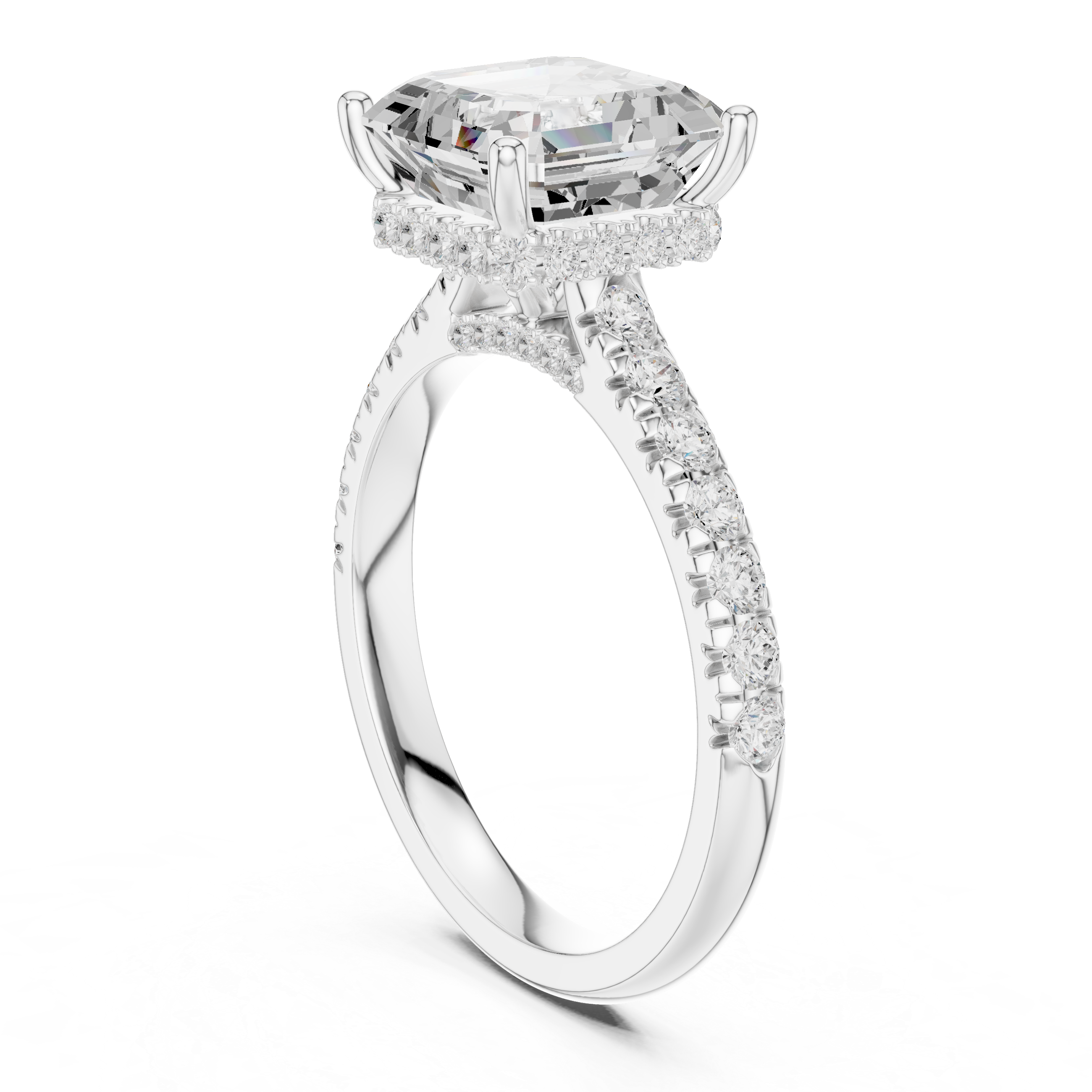 Asscher Cut Hidden Halo Engagement Ring with Pavé Diamond Band