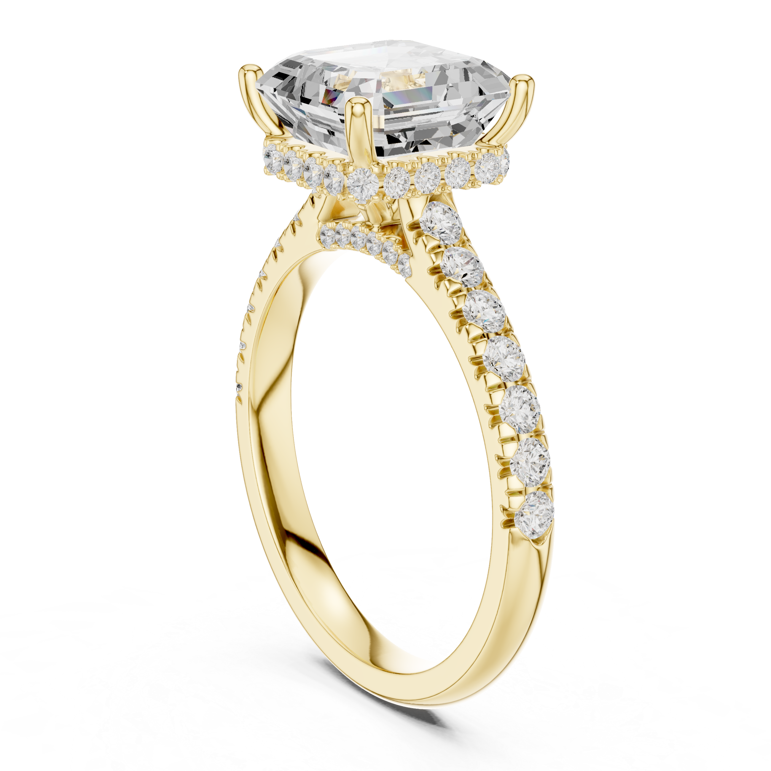 Asscher Cut Hidden Halo Engagement Ring with Pavé Diamond Band
