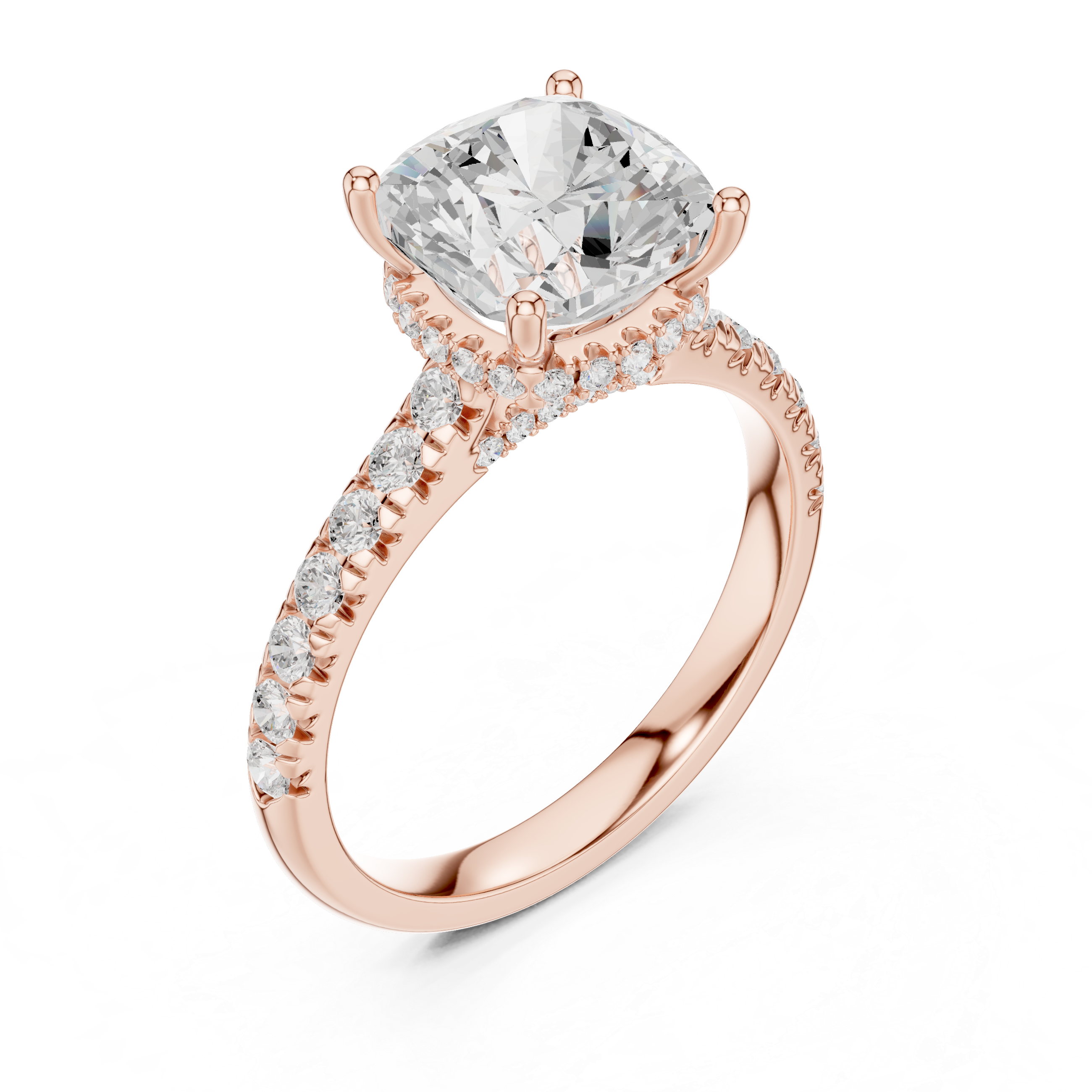 Cushion Cut Hidden Halo Engagement Ring with Pavé Diamond Band