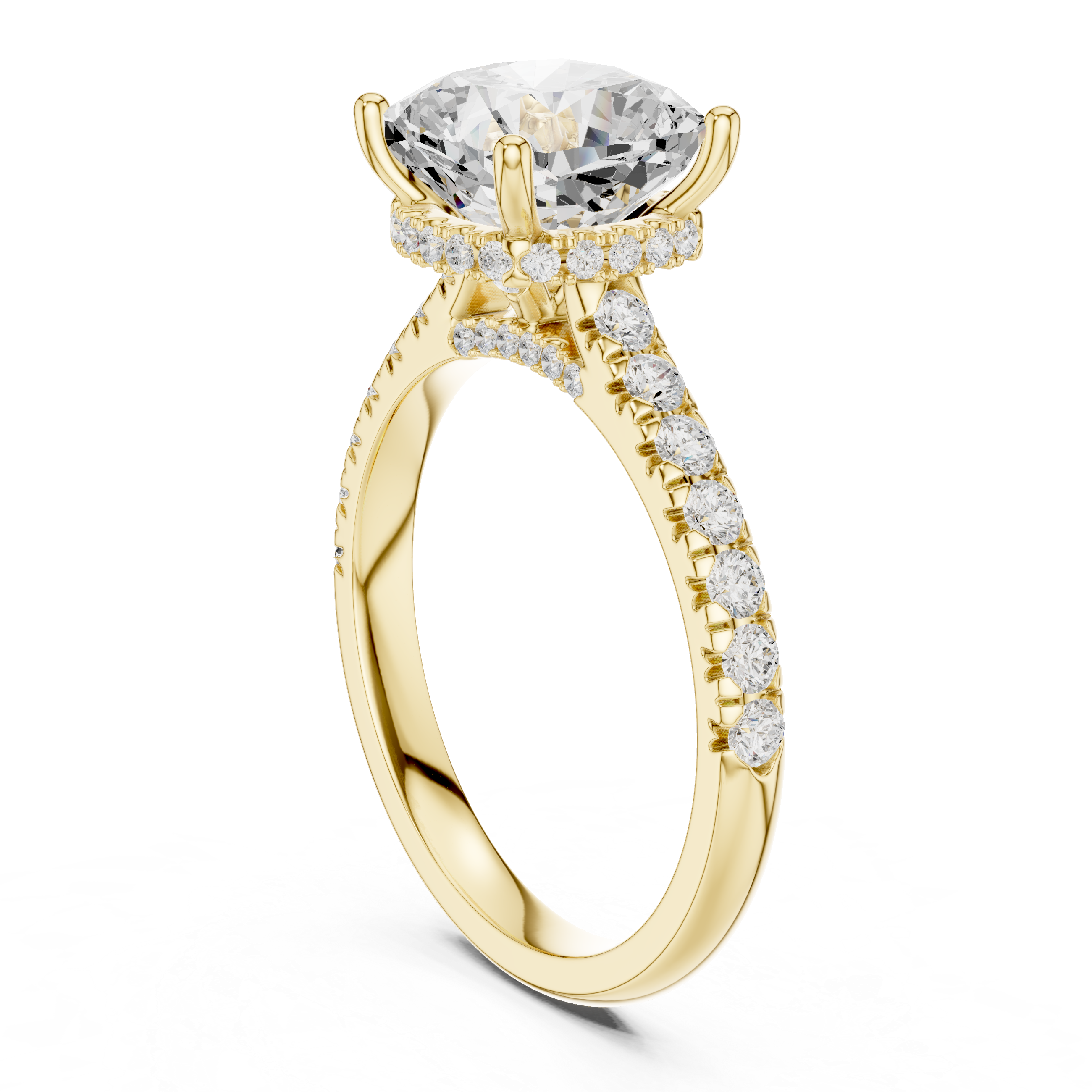 Cushion Cut Hidden Halo Engagement Ring with Pavé Diamond Band