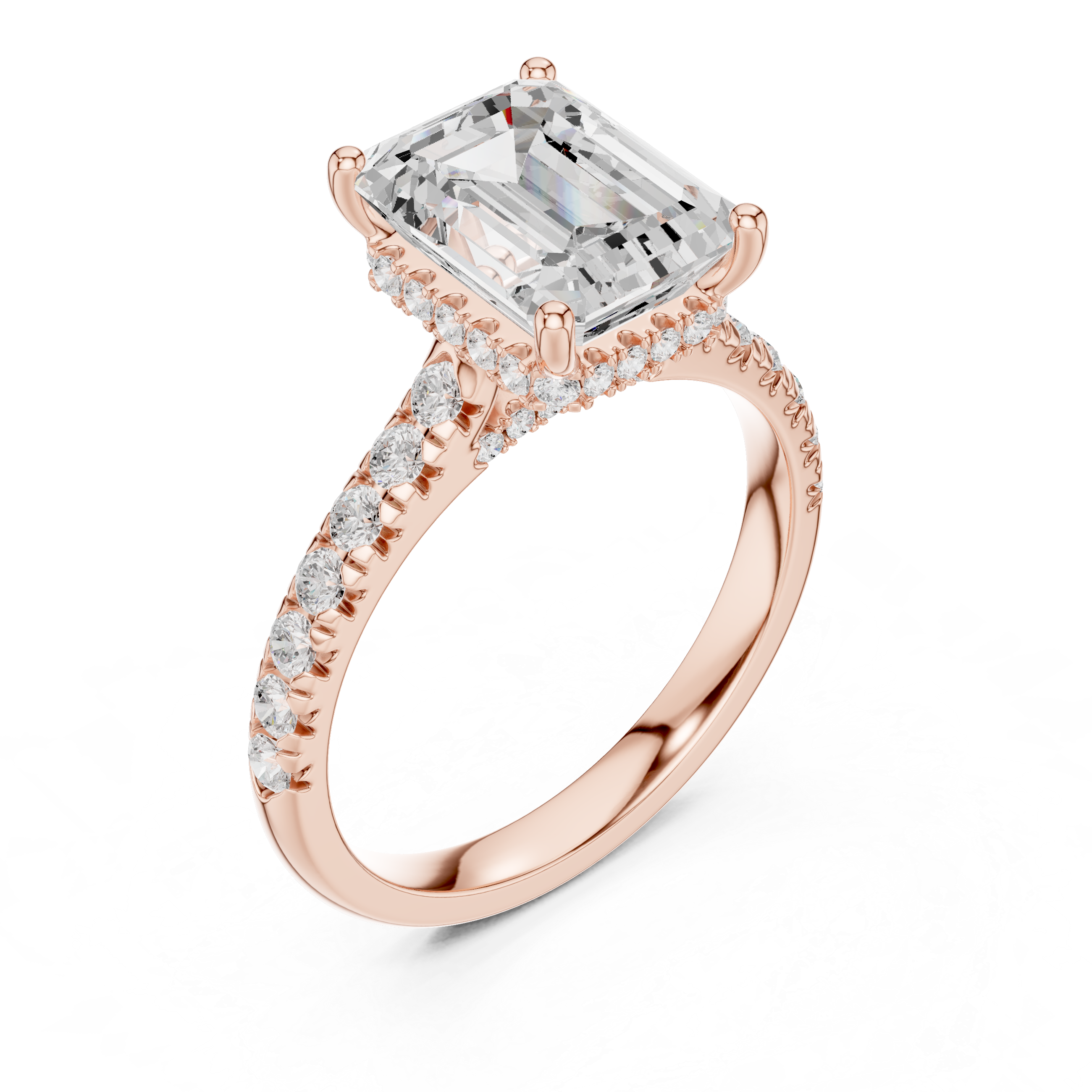 Emerald Cut Hidden Halo Engagement Ring with Pavé Diamond Band