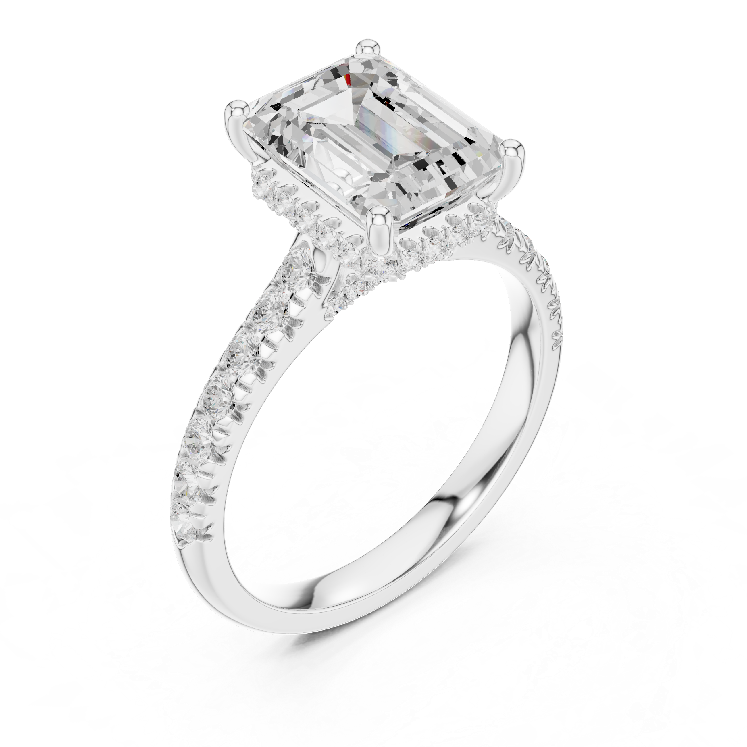 Emerald Cut Hidden Halo Engagement Ring with Pavé Diamond Band