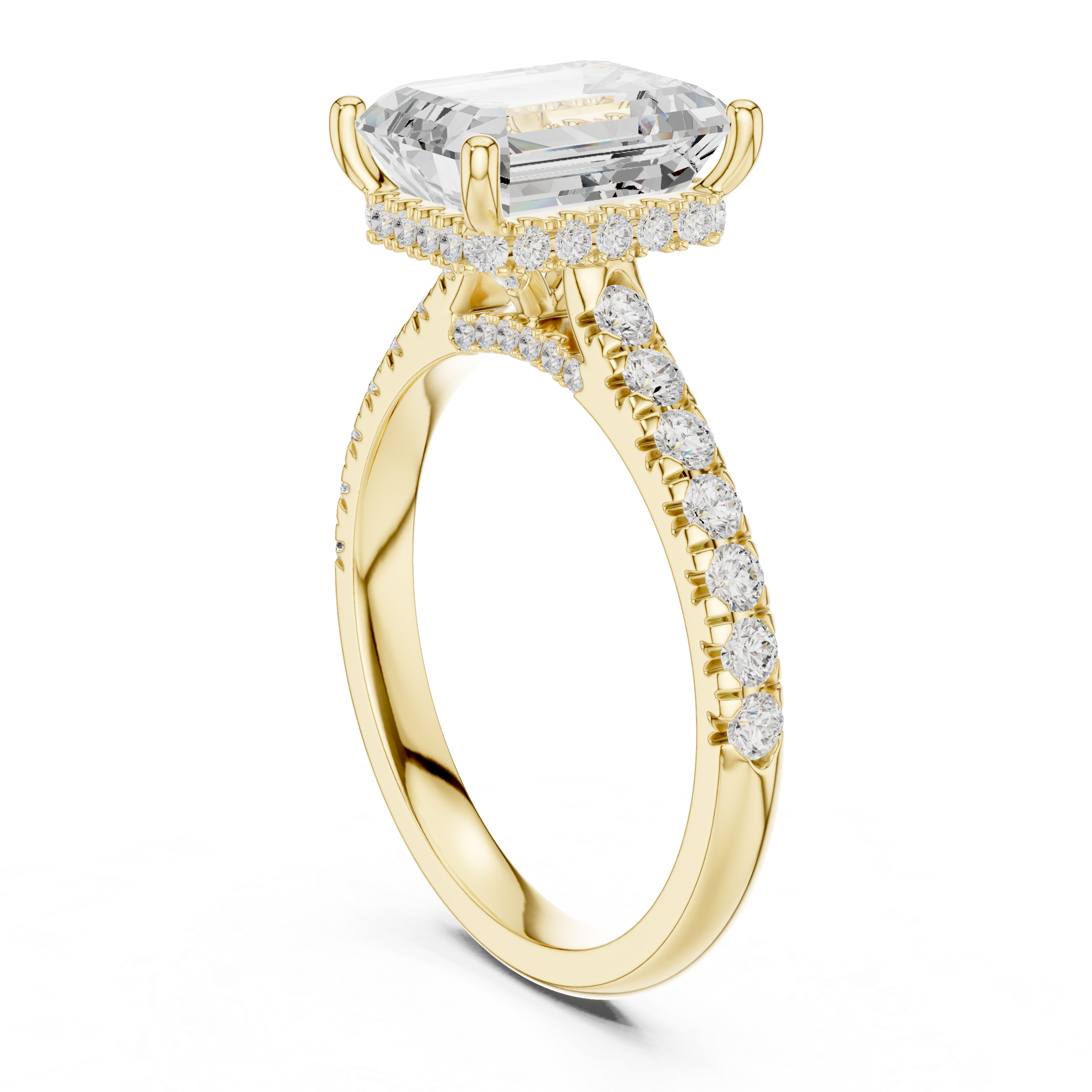 Emerald Cut Hidden Halo Engagement Ring with Pavé Diamond Band