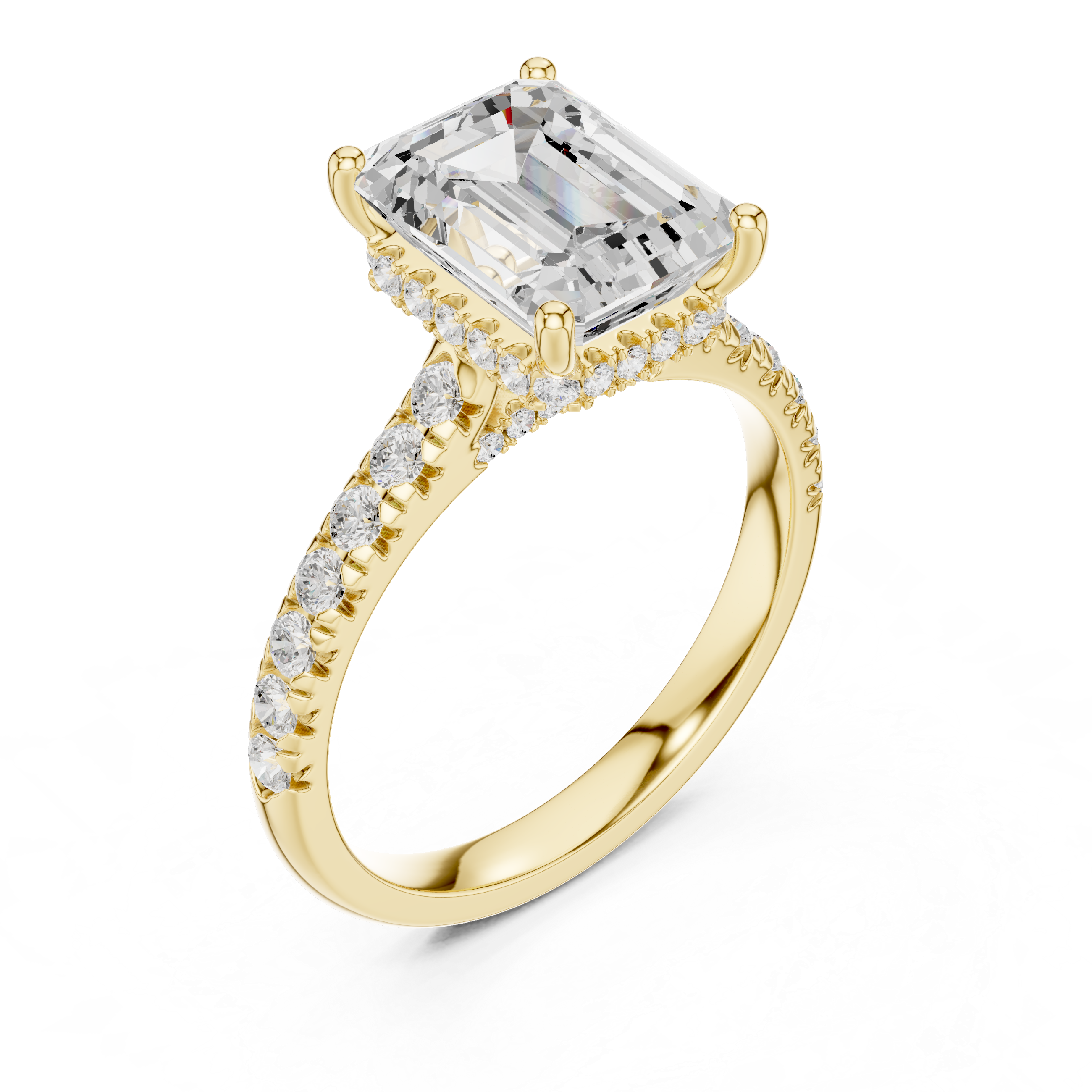 Emerald Cut Hidden Halo Engagement Ring with Pavé Diamond Band
