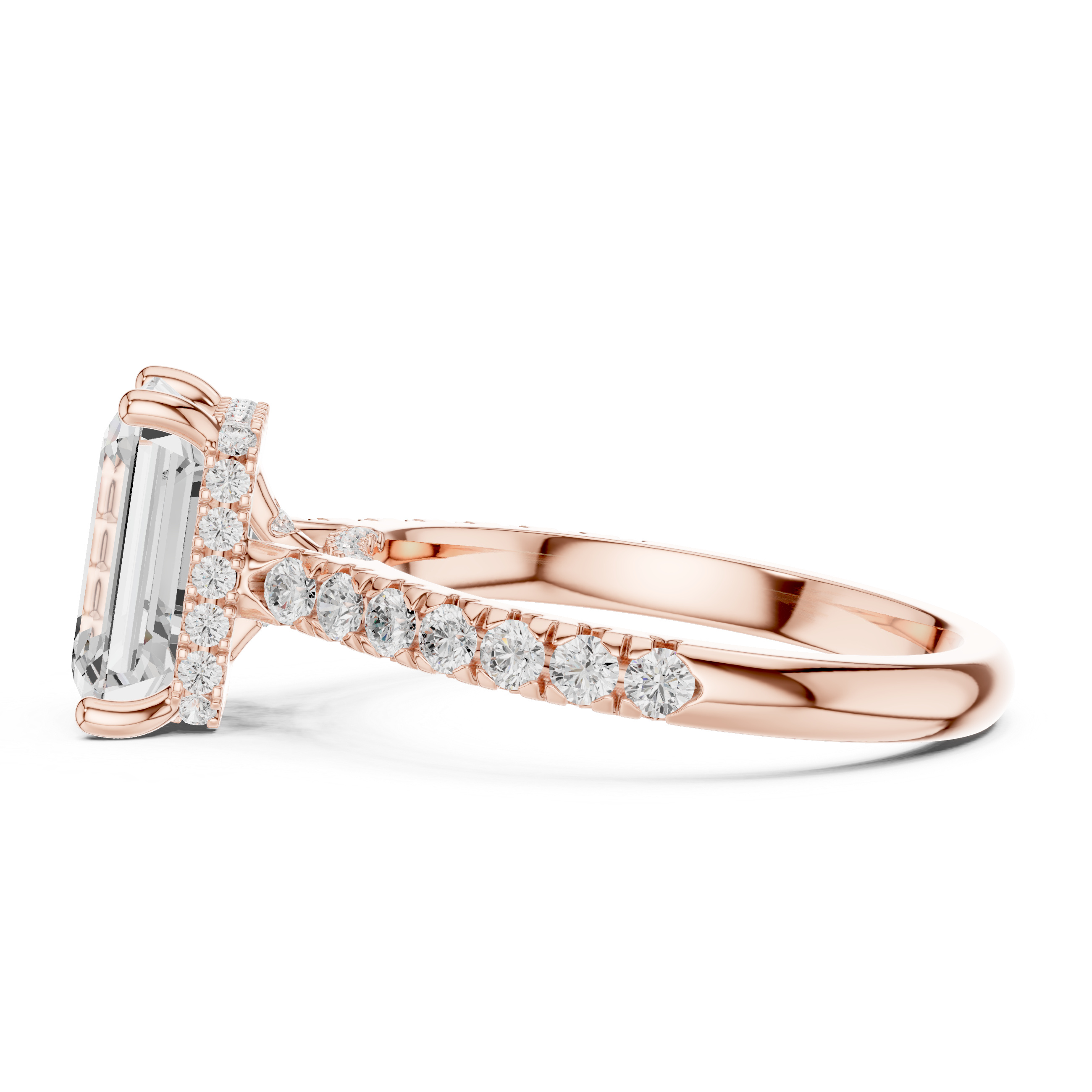Emerald Cut Hidden Halo Engagement Ring with Pavé Diamond Band