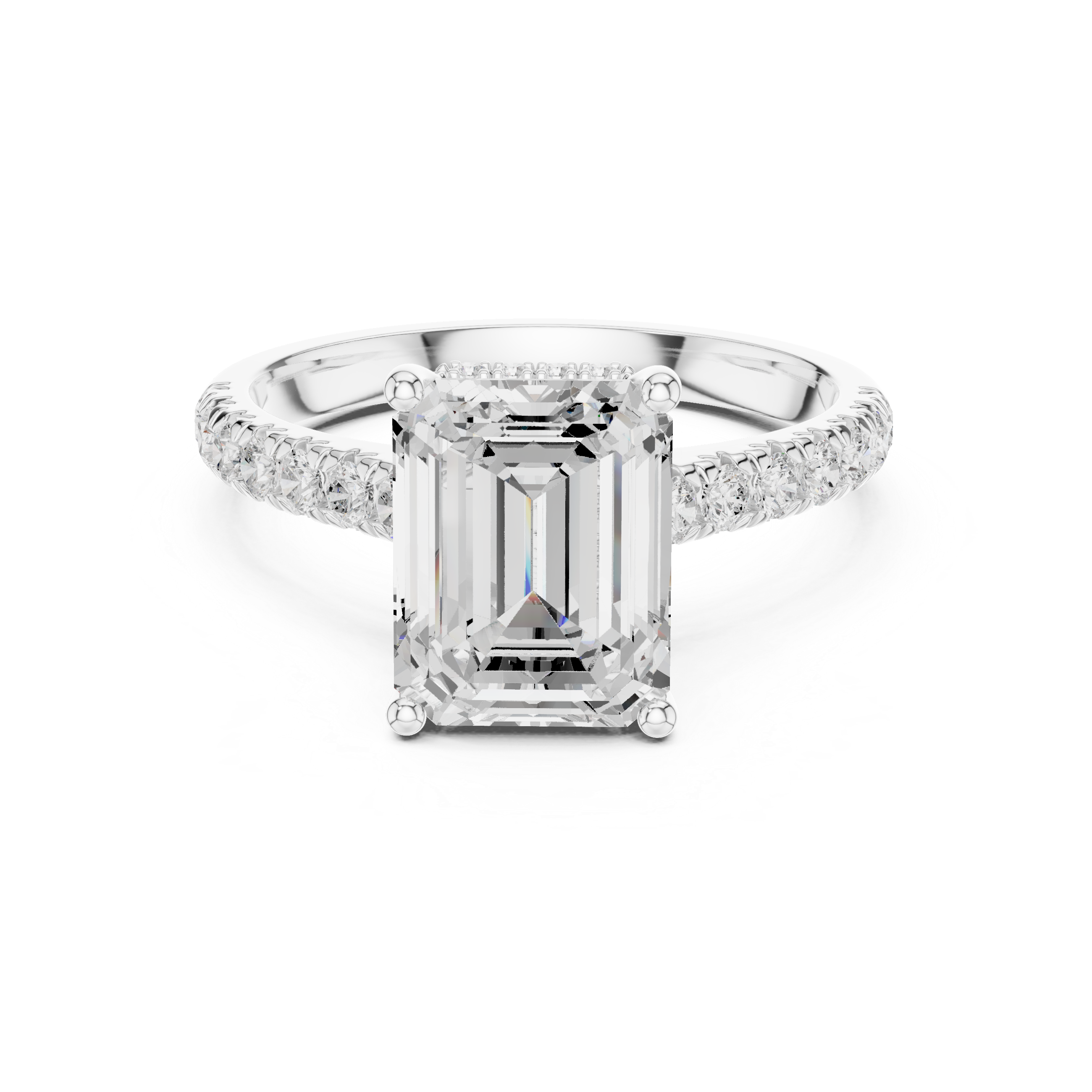 Emerald Cut Hidden Halo Engagement Ring with Pavé Diamond Band