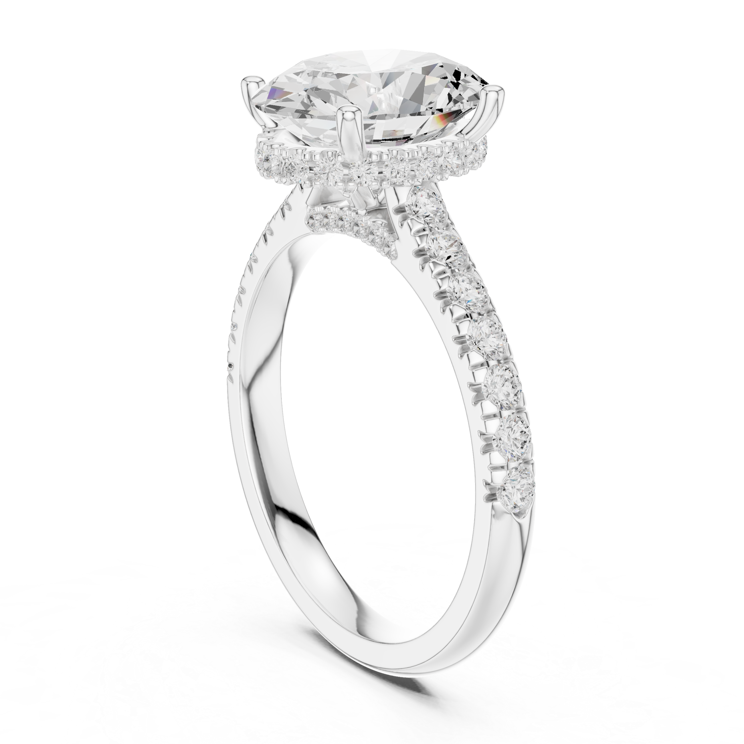 Oval Cut Hidden Halo Engagement Ring with Pavé Diamond Band