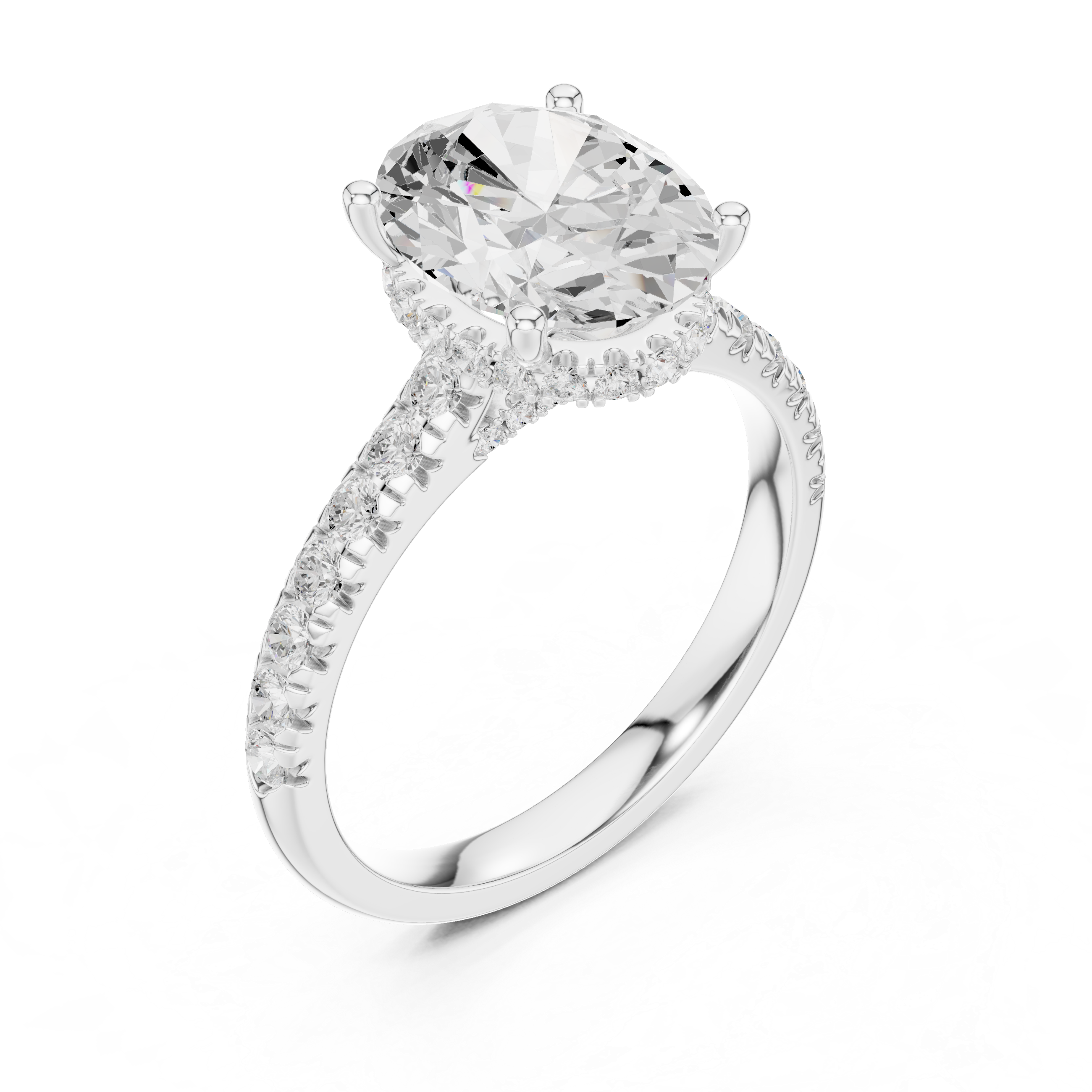 Oval Cut Hidden Halo Engagement Ring with Pavé Diamond Band