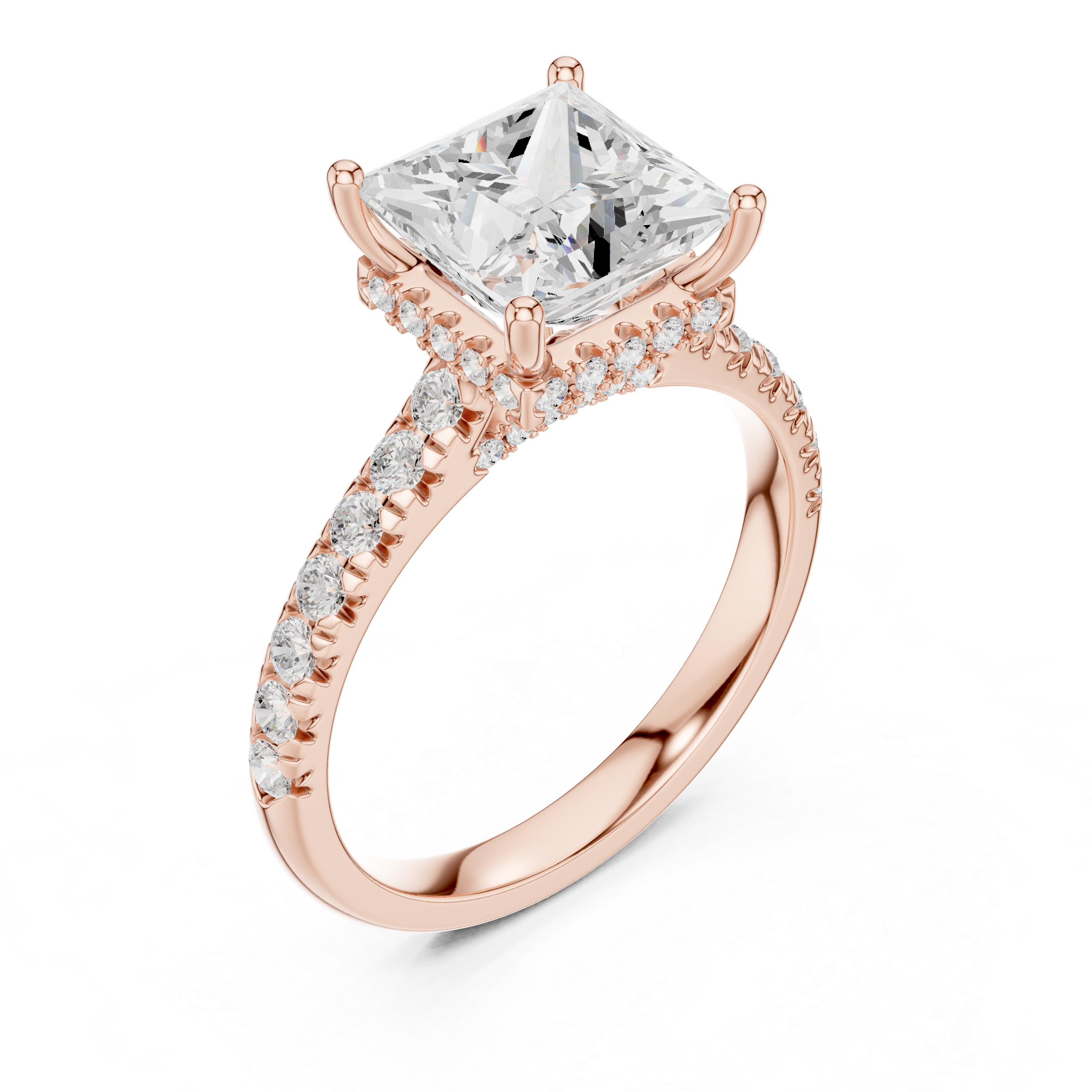 Princess Cut Hidden Halo Engagement Ring with Pavé Diamond Band