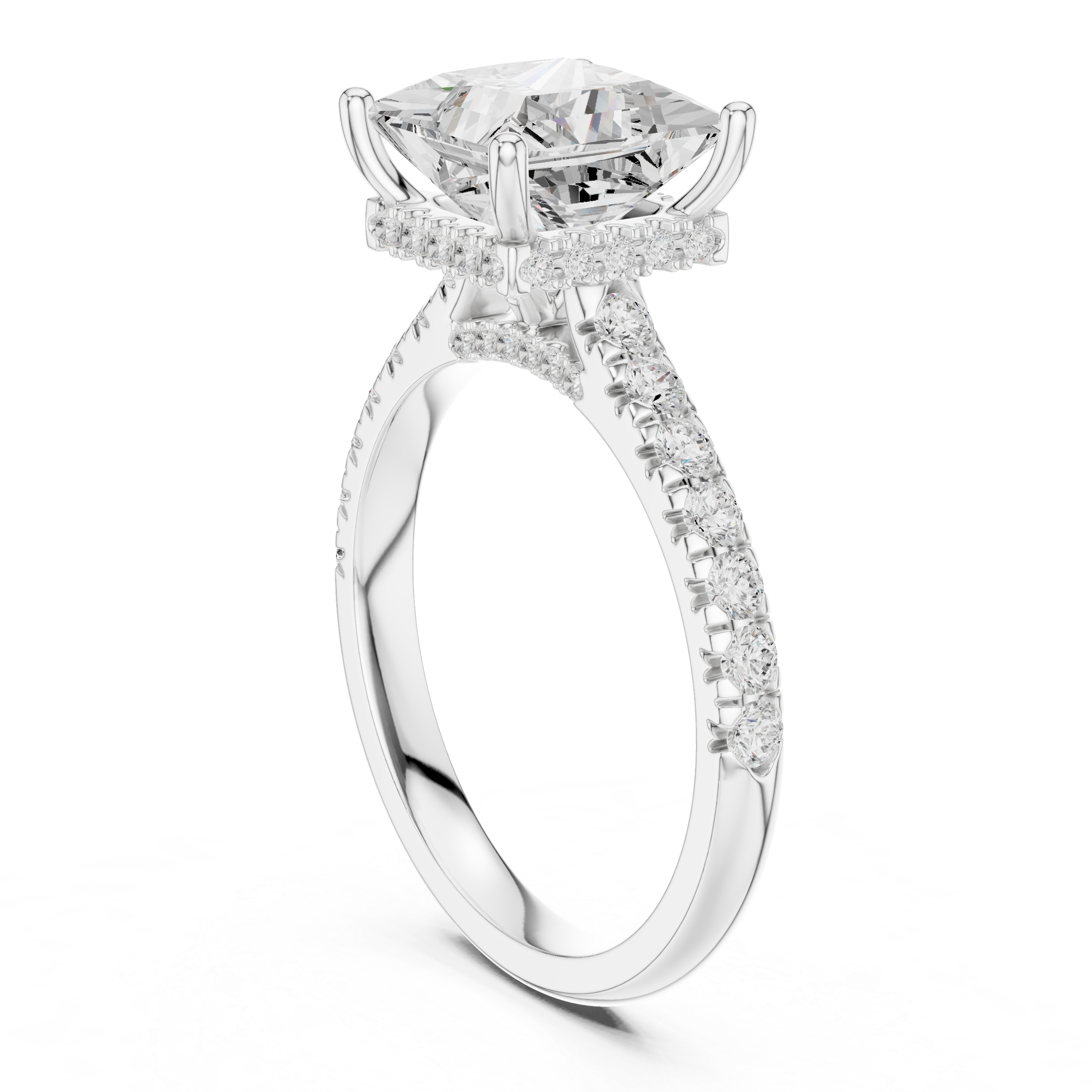 Princess Cut Hidden Halo Engagement Ring with Pavé Diamond Band