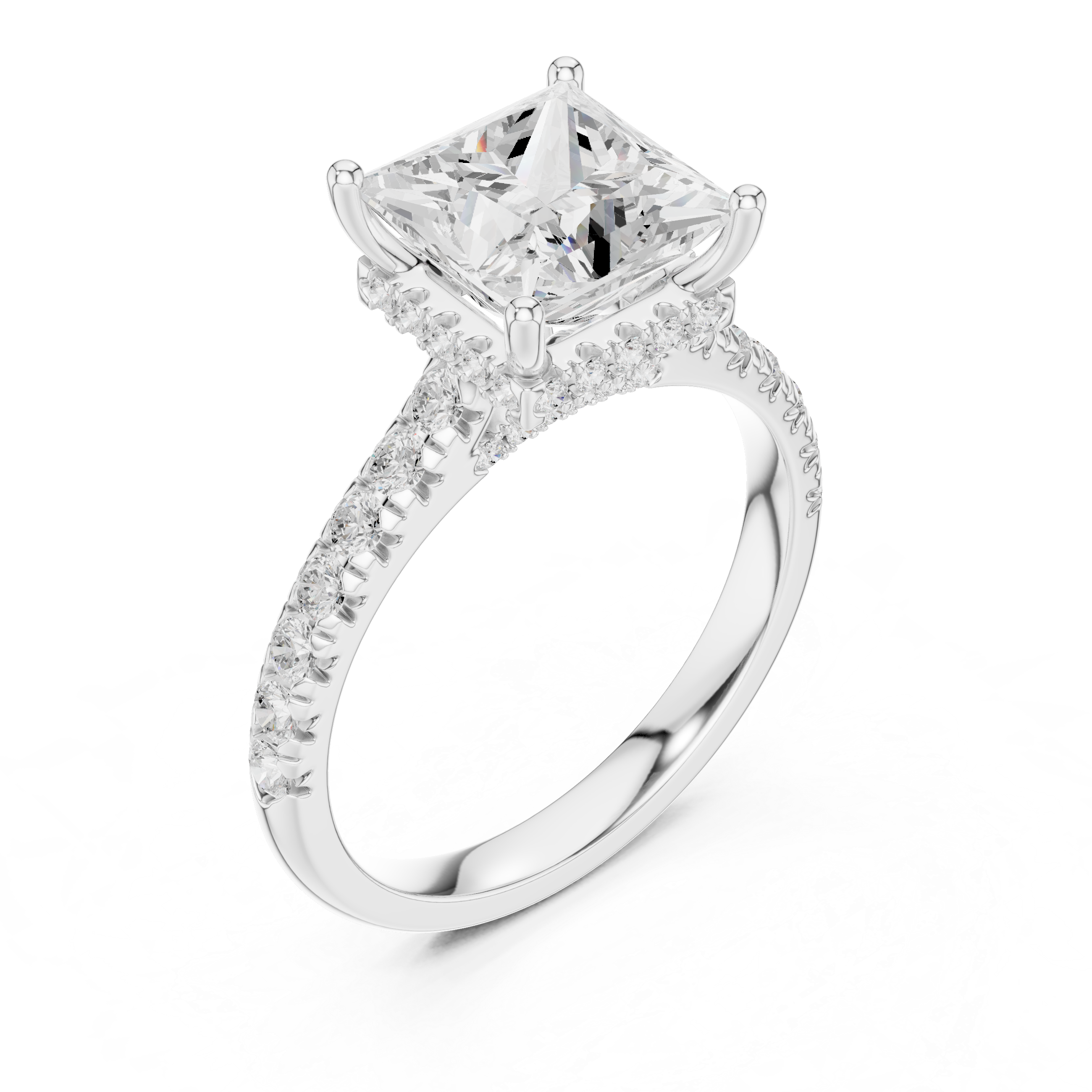 Princess Cut Hidden Halo Engagement Ring with Pavé Diamond Band