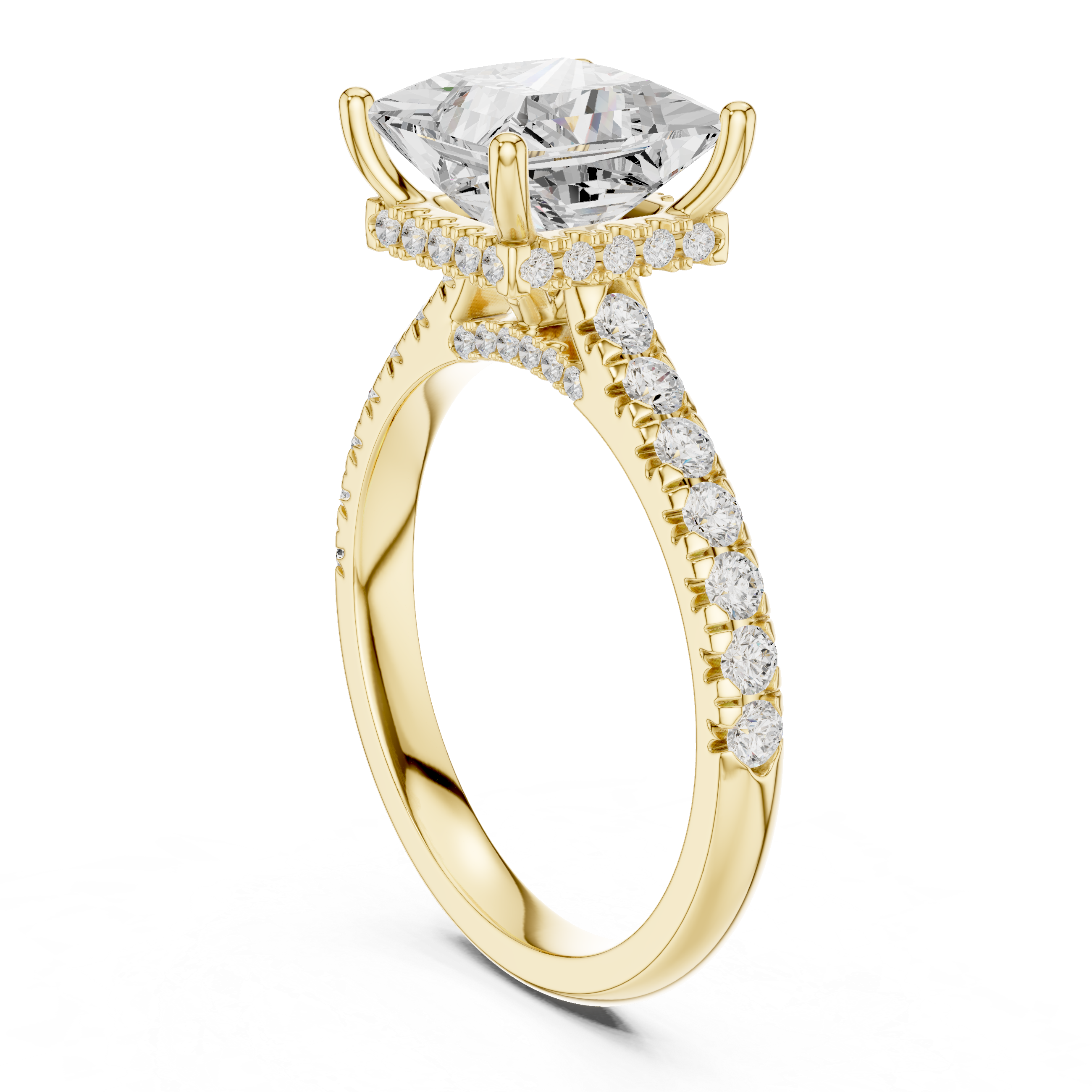 Princess Cut Hidden Halo Engagement Ring with Pavé Diamond Band