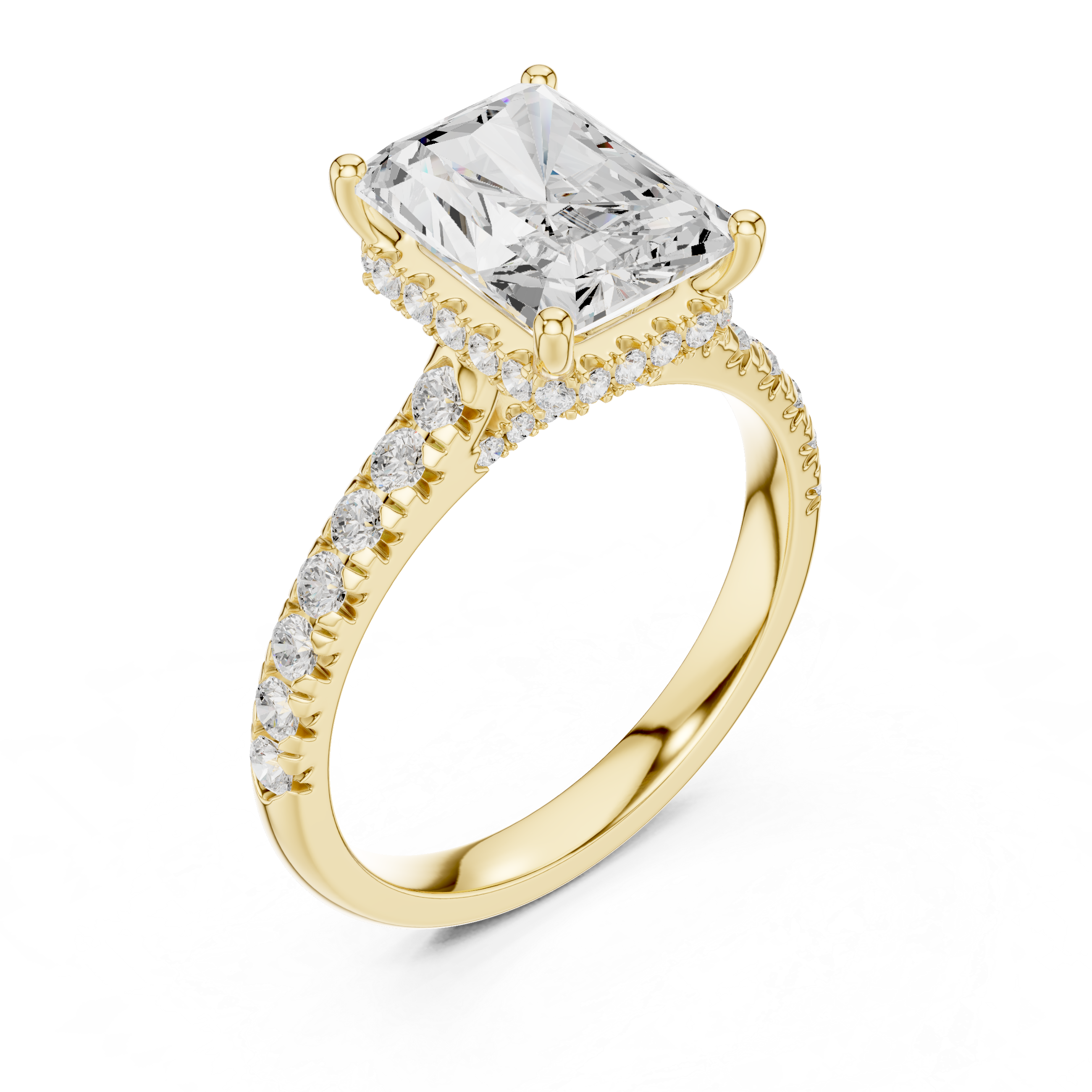 Radiant Cut Hidden Halo Engagement Ring with Pavé Diamond Band