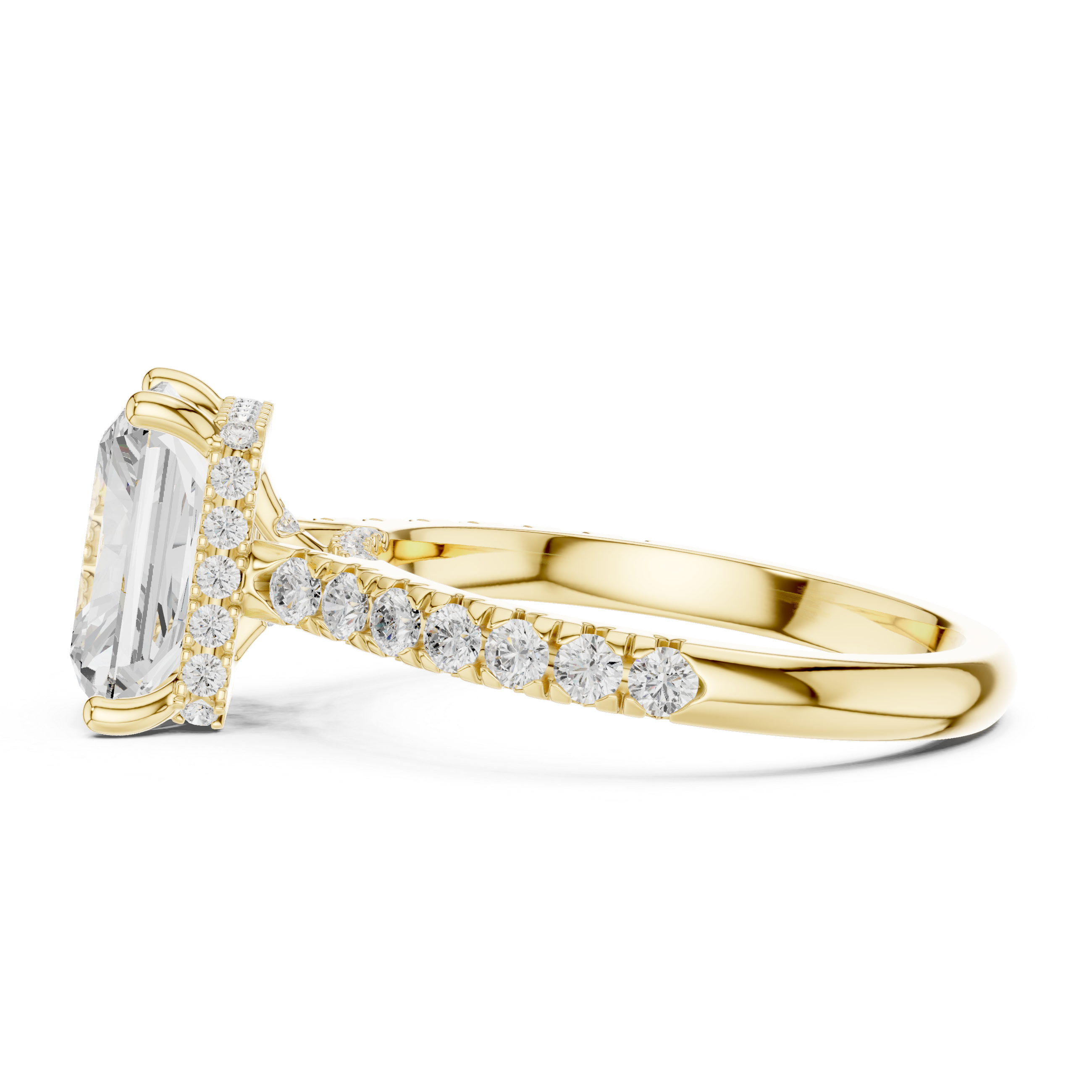 Radiant Cut Hidden Halo Engagement Ring with Pavé Diamond Band