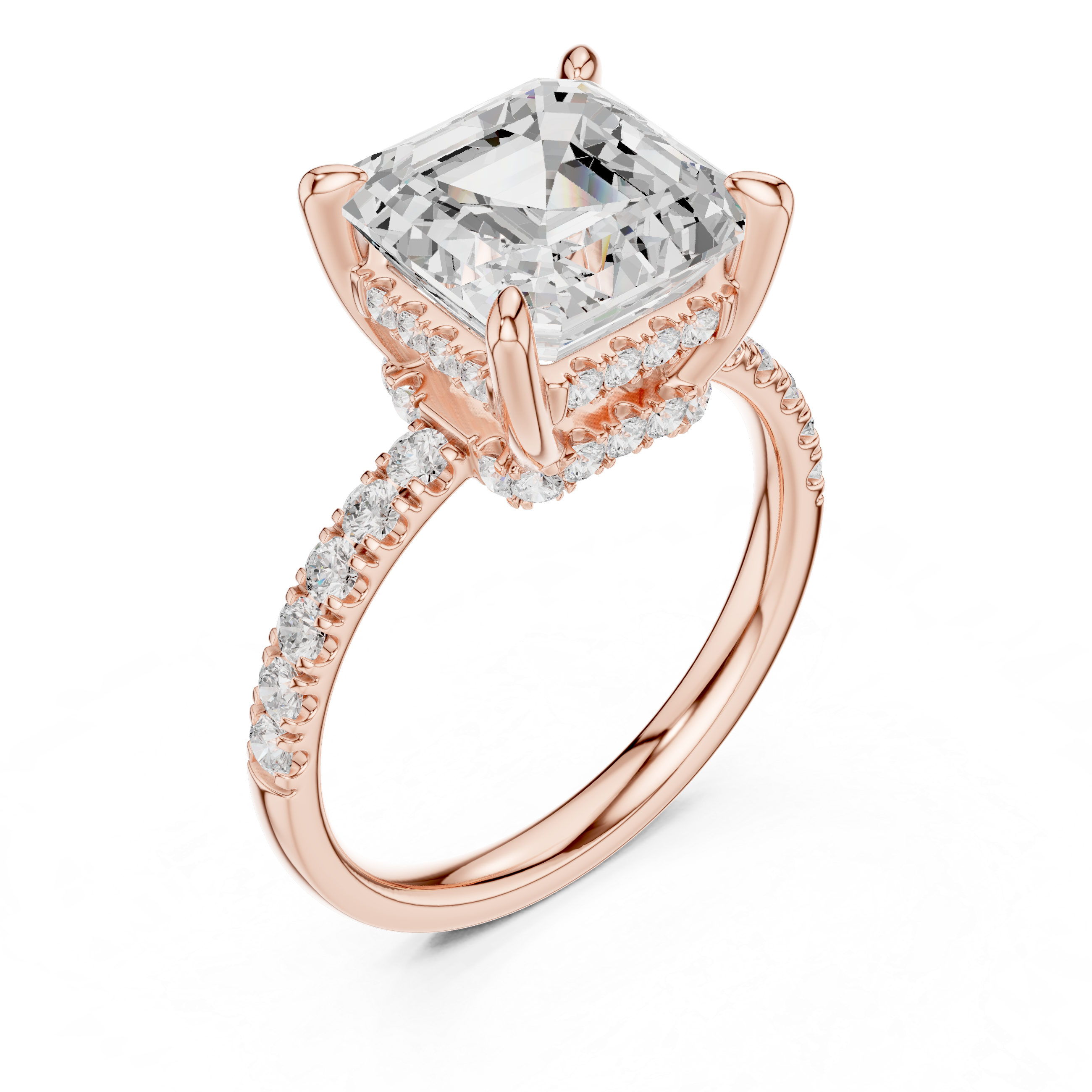 Asscher Cut Hidden Halo Engagement Ring with Pavé Diamond Band
