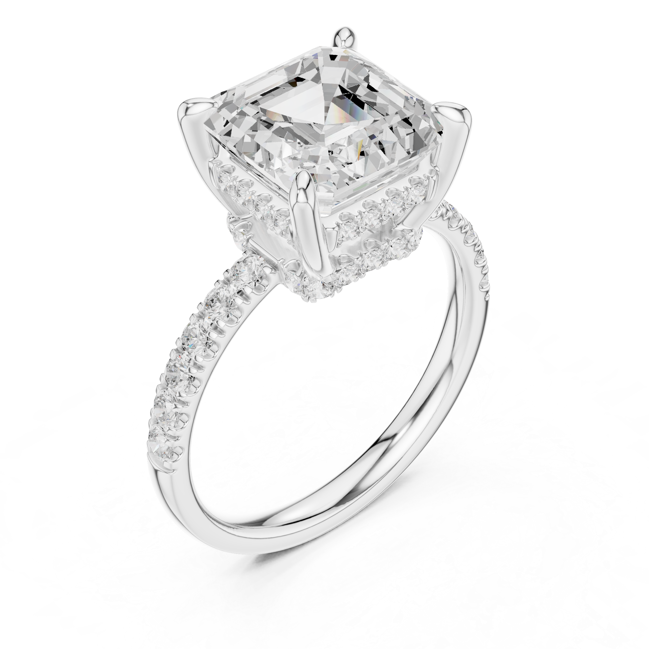 Asscher Cut Hidden Halo Engagement Ring with Pavé Diamond Band