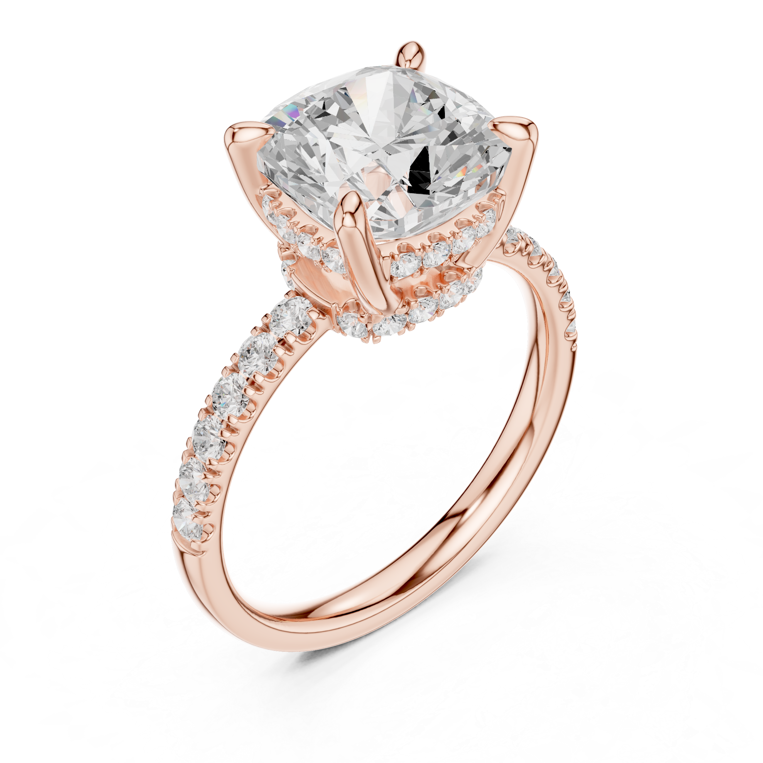 Cushion Cut Hidden Halo Engagement Ring with Pavé Diamond Band