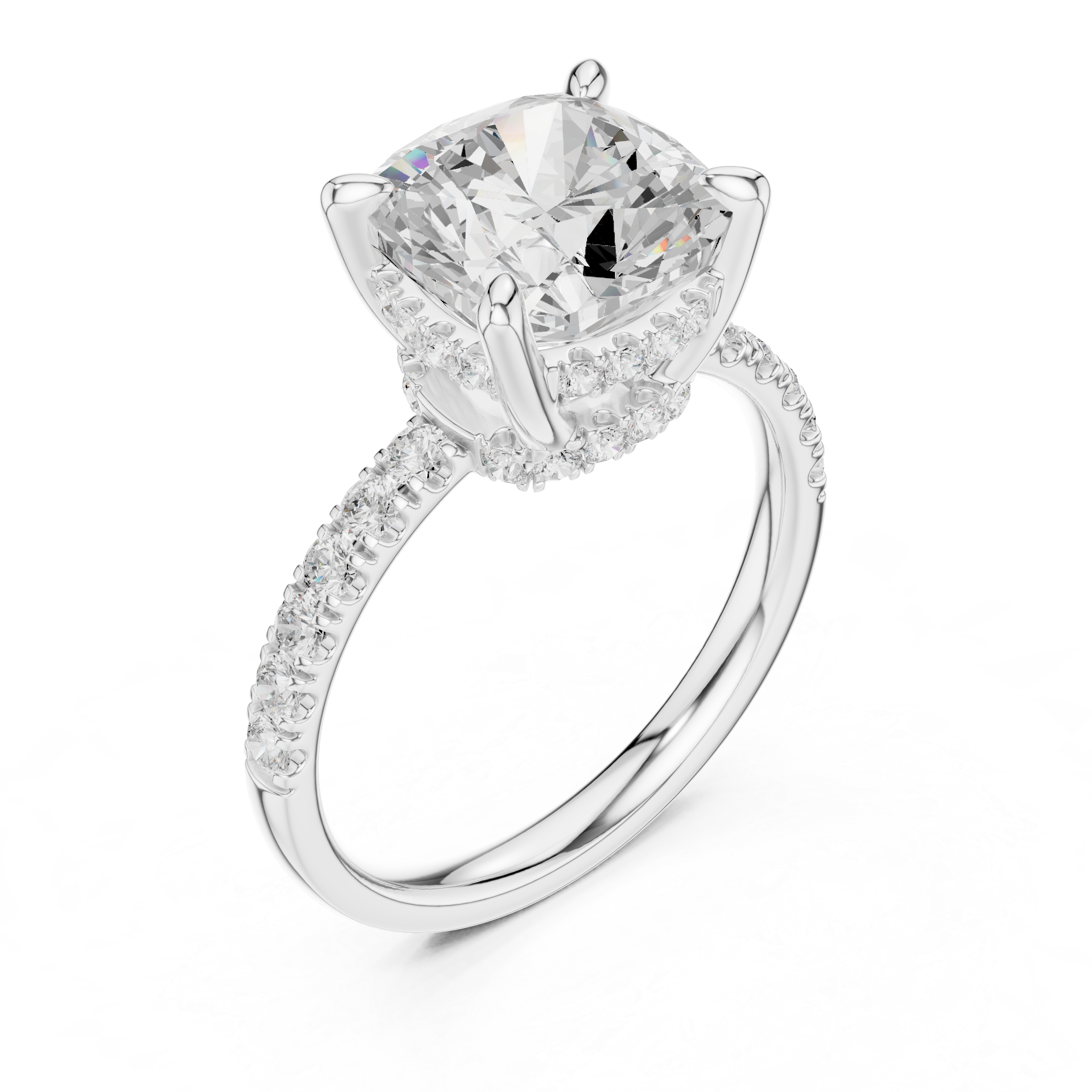 Cushion Cut Hidden Halo Engagement Ring with Pavé Diamond Band