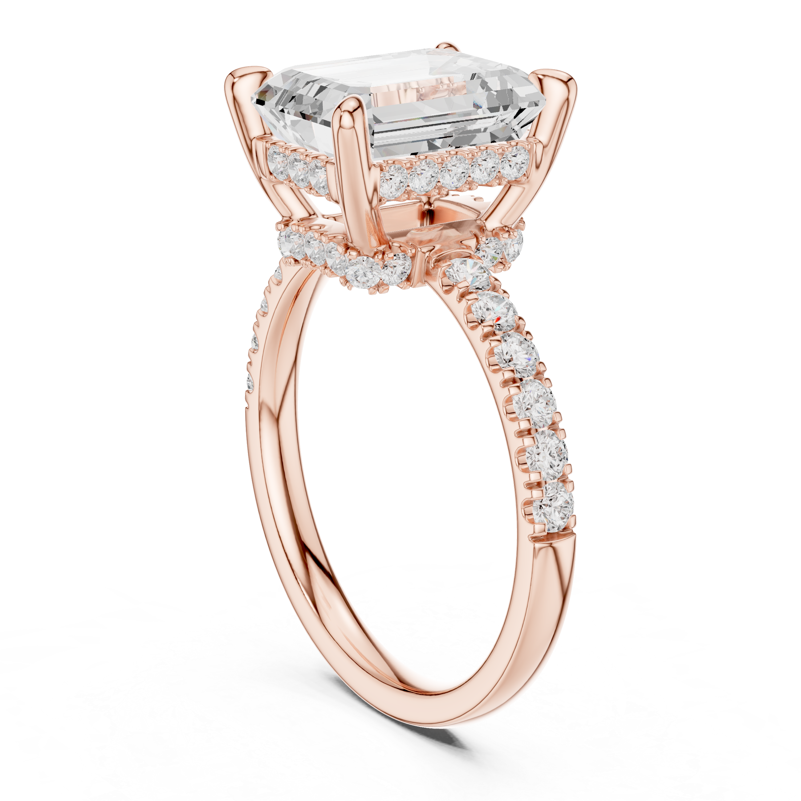 Emerald Cut Hidden Halo Engagement Ring with Pavé Diamond Band