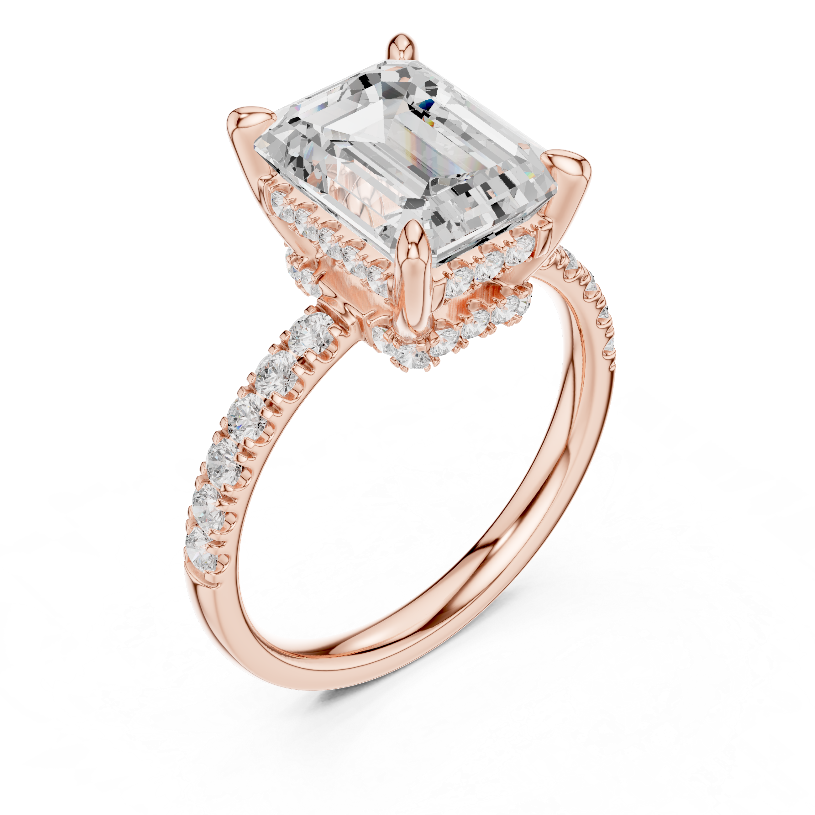 Emerald Cut Hidden Halo Engagement Ring with Pavé Diamond Band